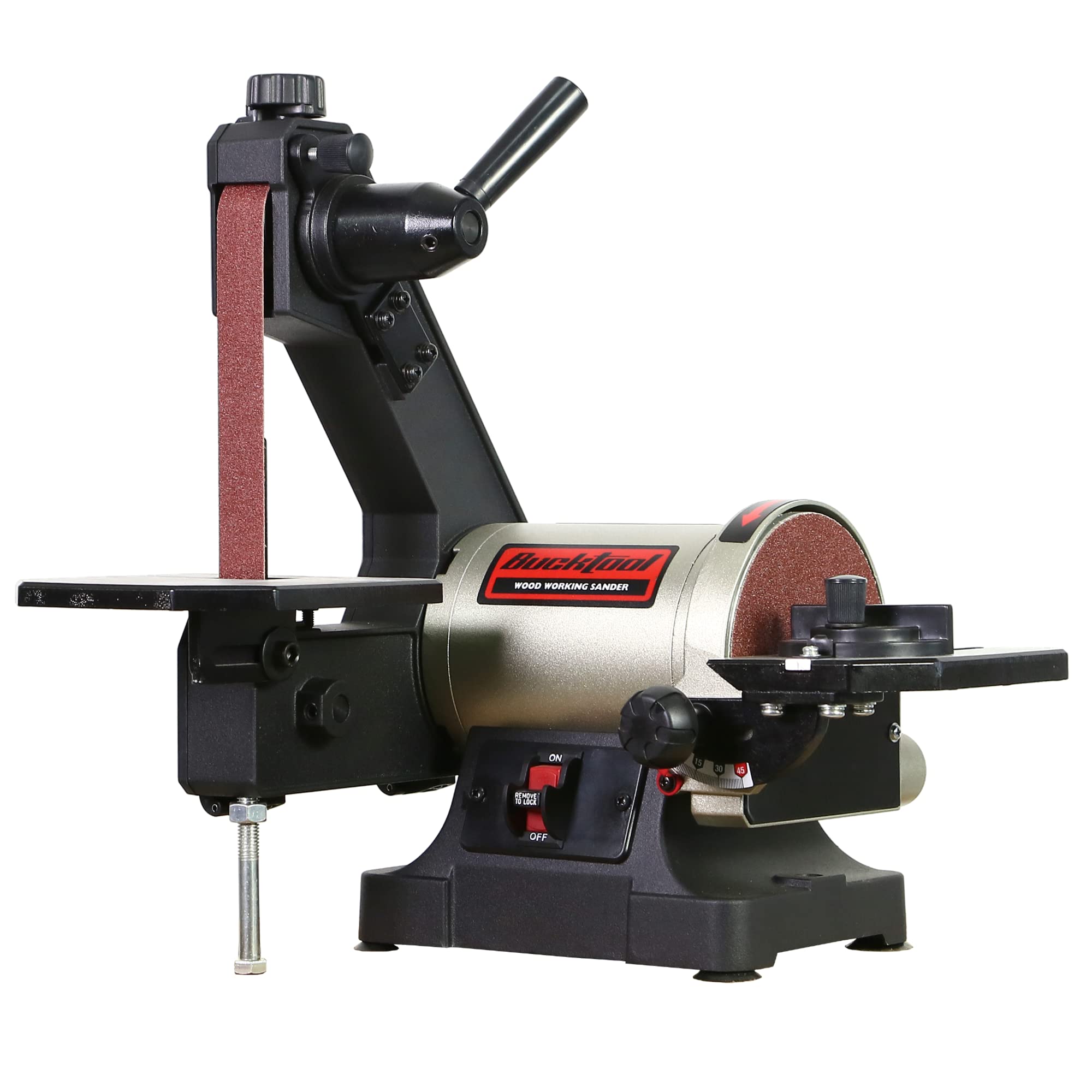 Bucktool bench sander base on a compact benchtop for space-saving workspaces.