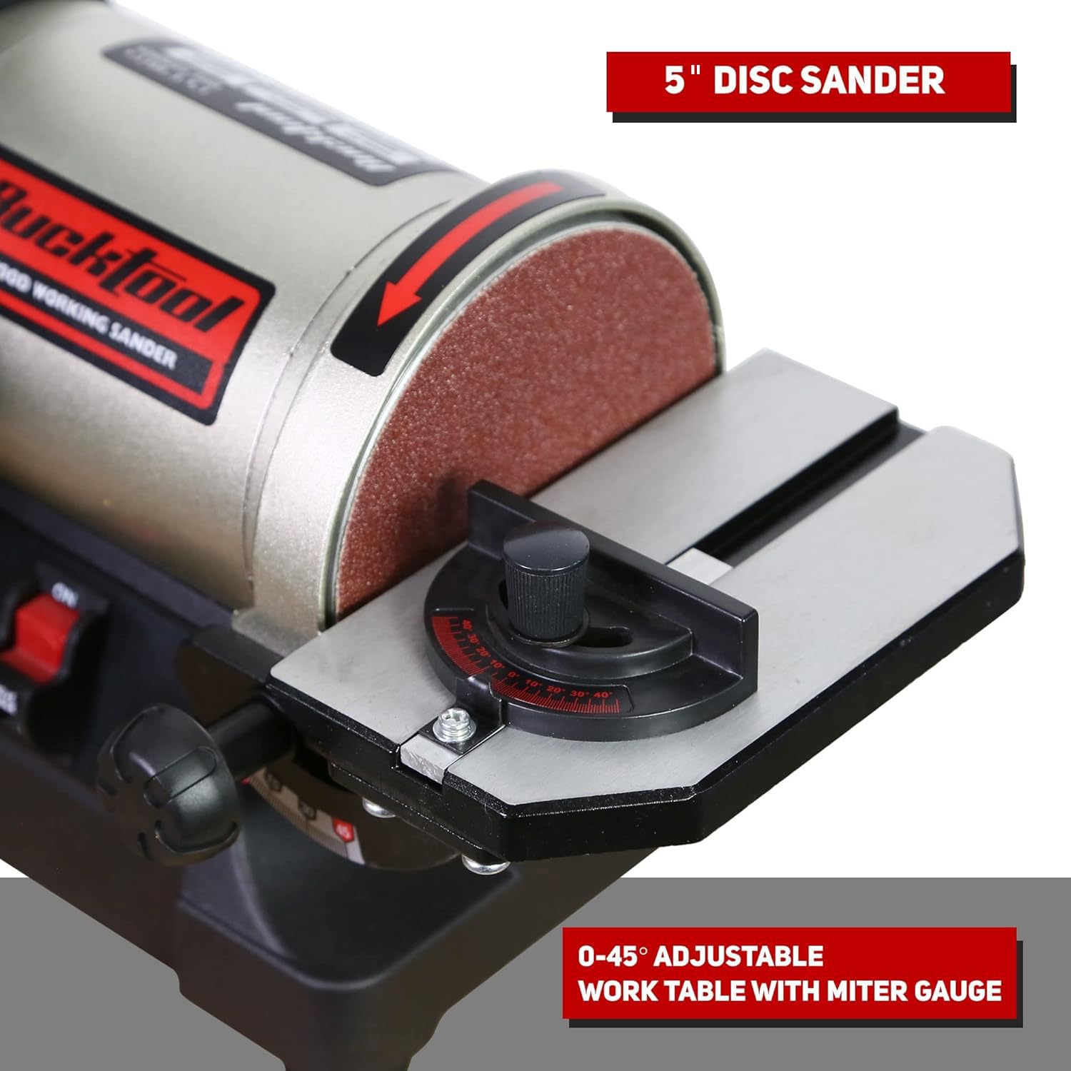 Bucktool bevel table at 0–45 degrees for precise bevel sanding.