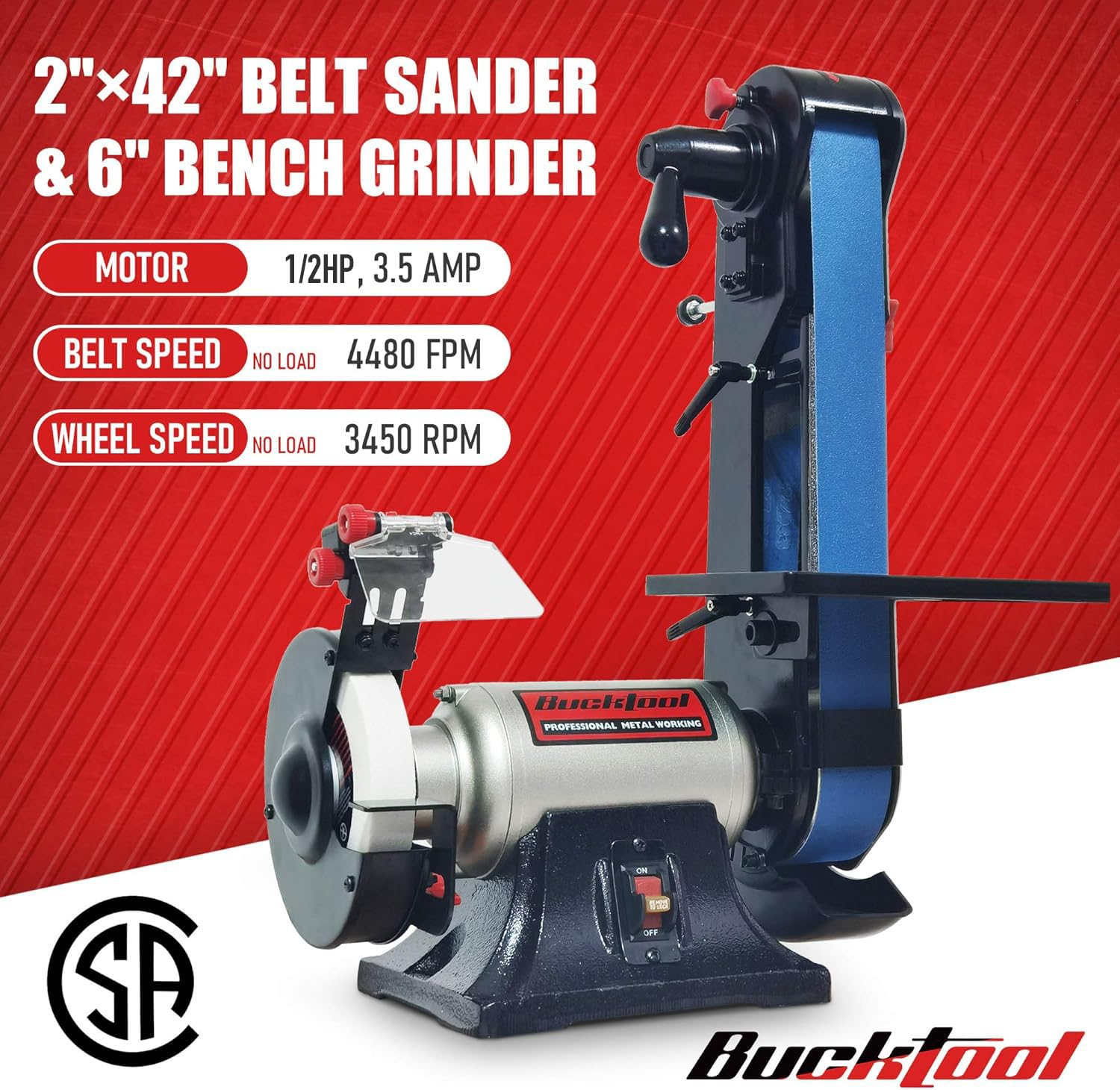 Bucktool Combo 2x42 belt sander tilt function showing adjustable angle