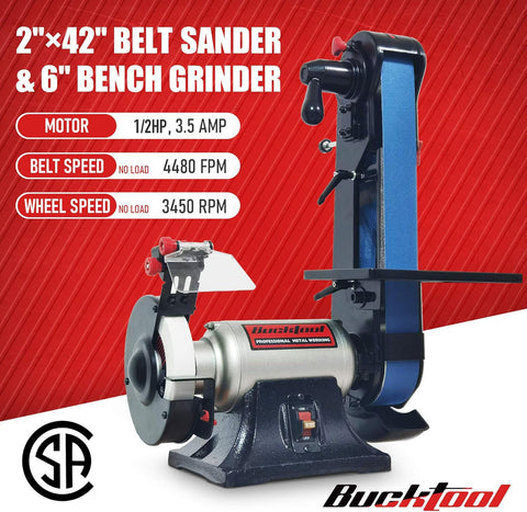 Bucktool Combo 2x42 belt sander tilt function showing adjustable angle