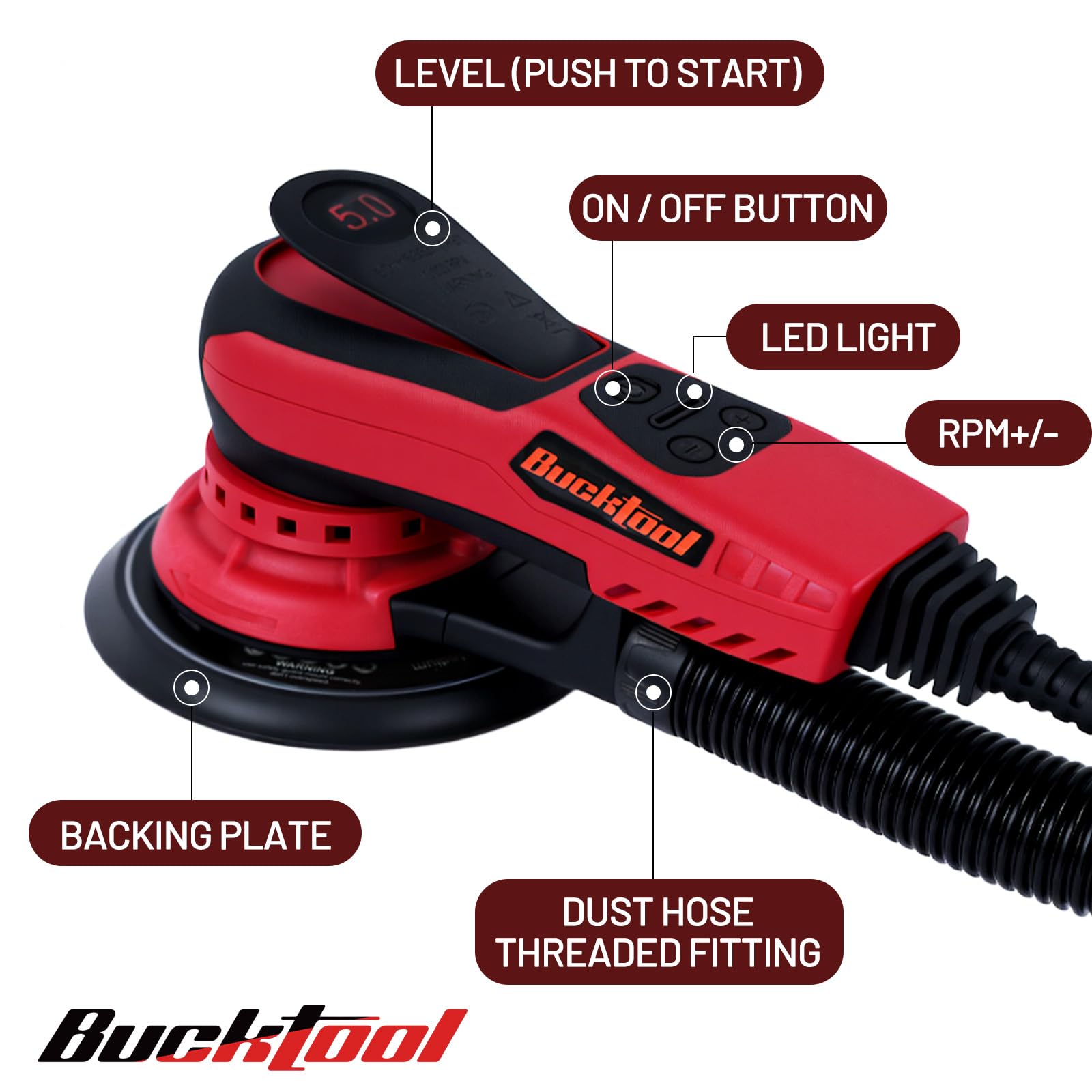 Bucktool integrated dust extraction keeps the workspace cleaner during sanding.