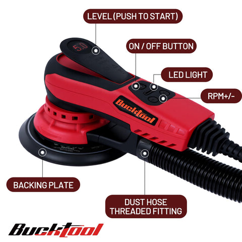 Bucktool integrated dust extraction keeps the workspace cleaner during sanding.