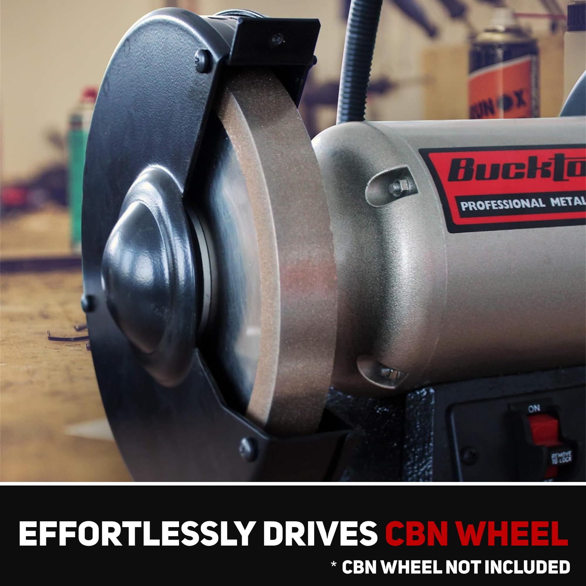 Bucktool magnifier eye shield aids precise inspection and edge work during sharpening.