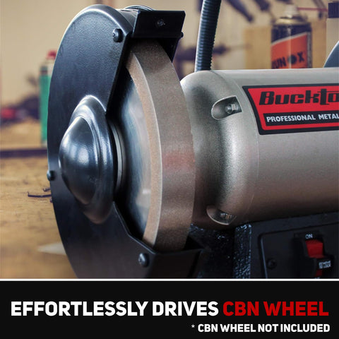Bucktool magnifier eye shield aids precise inspection and edge work during sharpening.