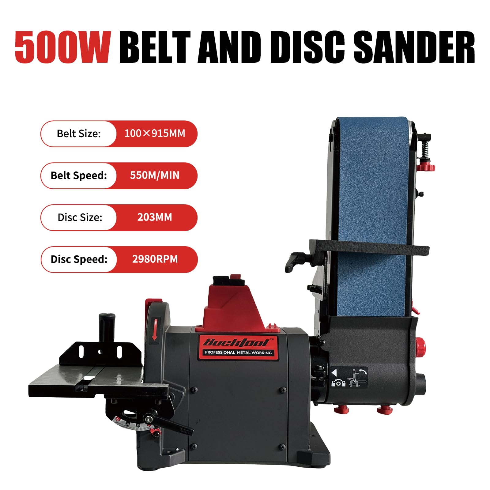 Bucktool Pro 1HP bench belt sander tilt table enables precise angles.