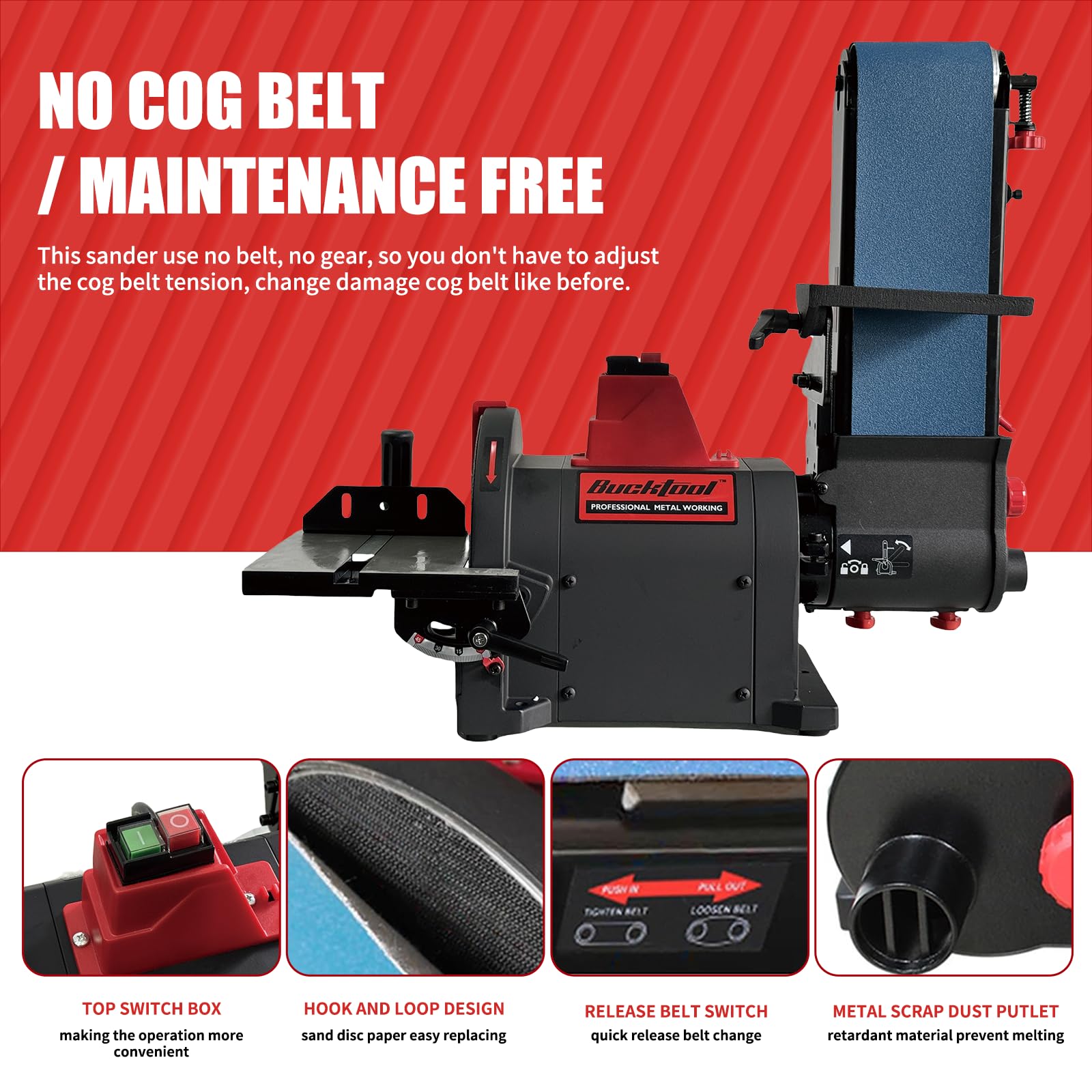 Bucktool Pro 1HP bench sander dust port helps keep the workspace clean.