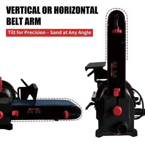 Bucktool Pro 1HP bench sander knife grinding accessory mounted on belt plate.