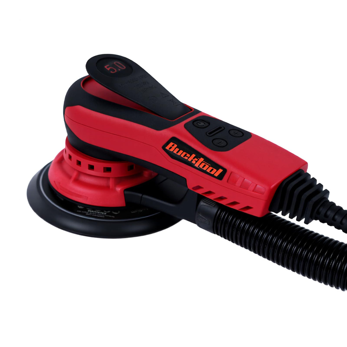 Bucktool 6-inch orbital sander front view for precise sanding and control.