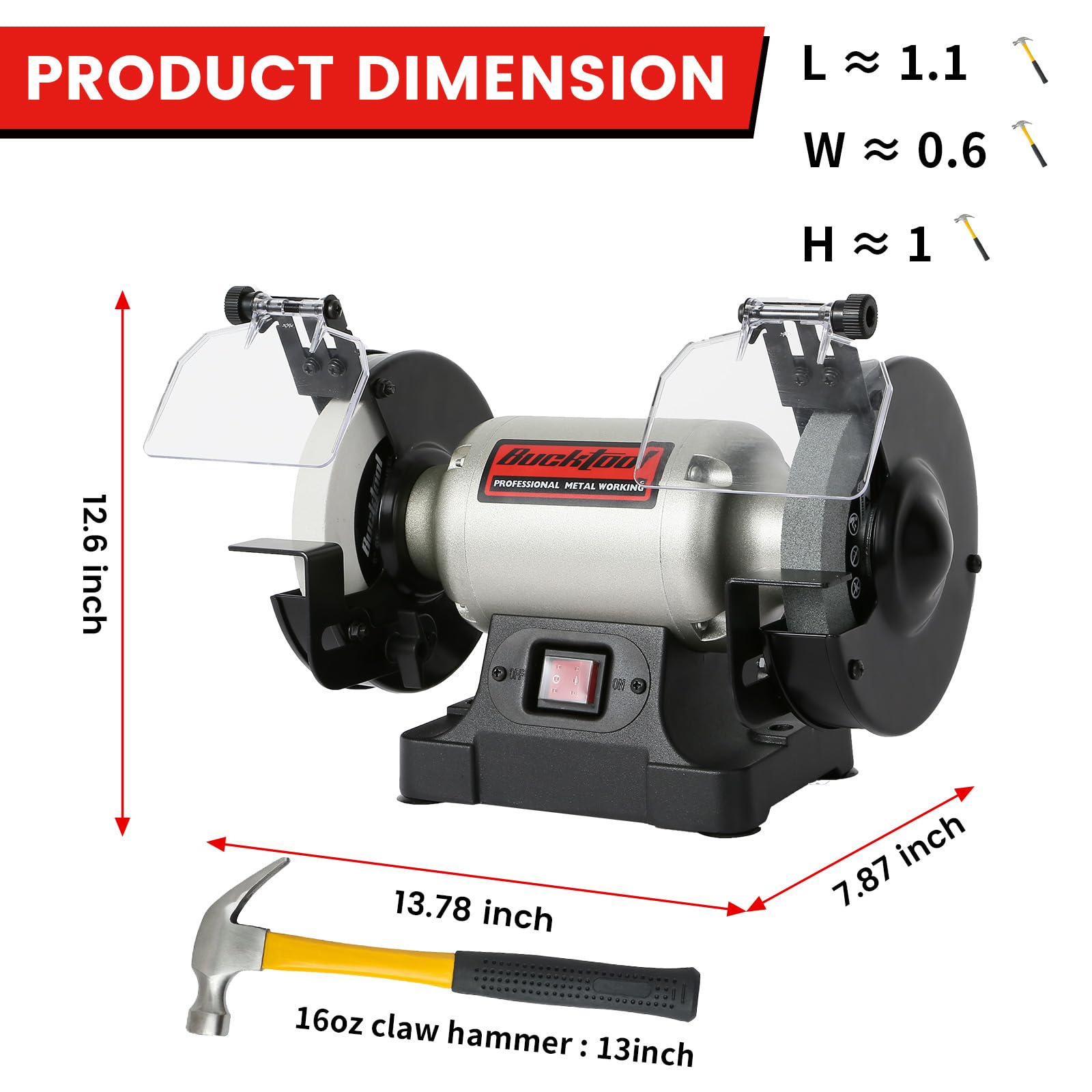 Bucktool TLG-150S dual-grit wheels enable rough shaping and fine finishing.