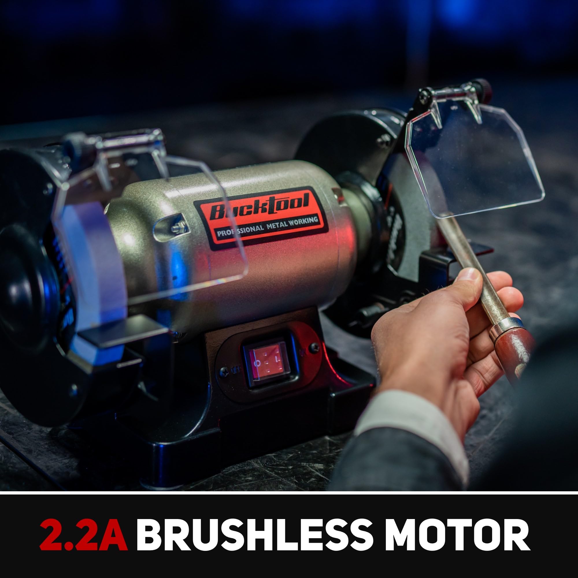 Bucktool TLG-150S close-up shows vibration-damping foundation for steady grinding.