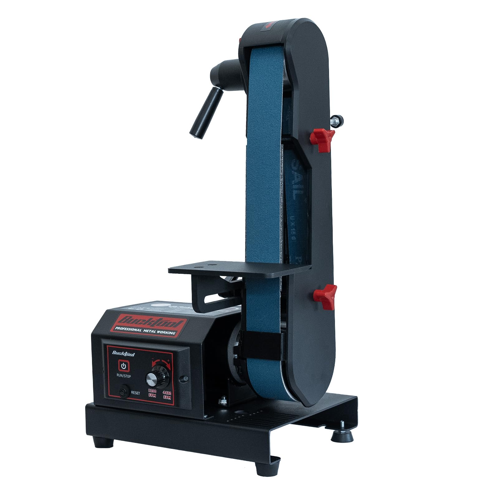 Bucktool variable speed belt sander front view showing rugged metal housing.