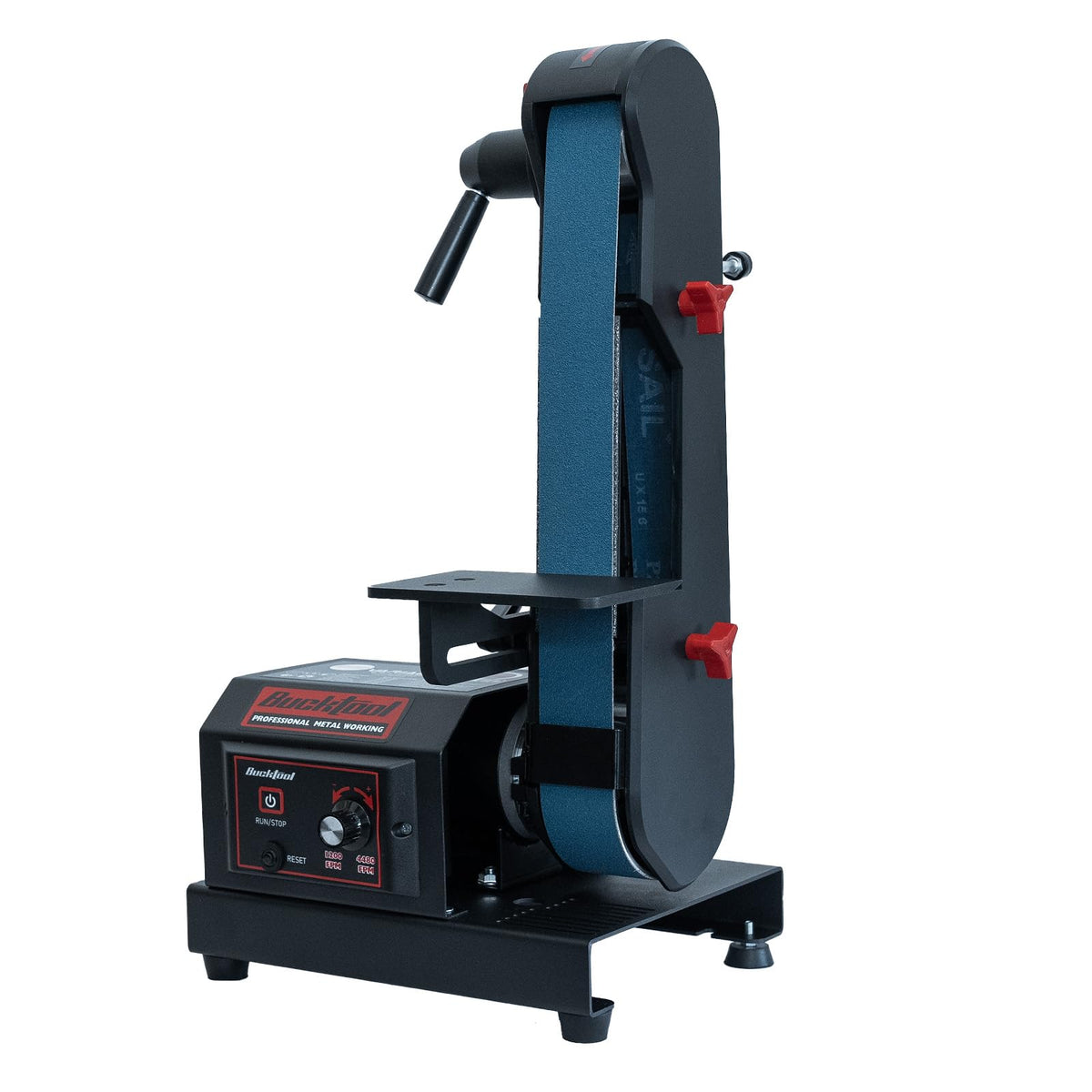 Bucktool variable speed belt sander front view showing rugged metal housing.