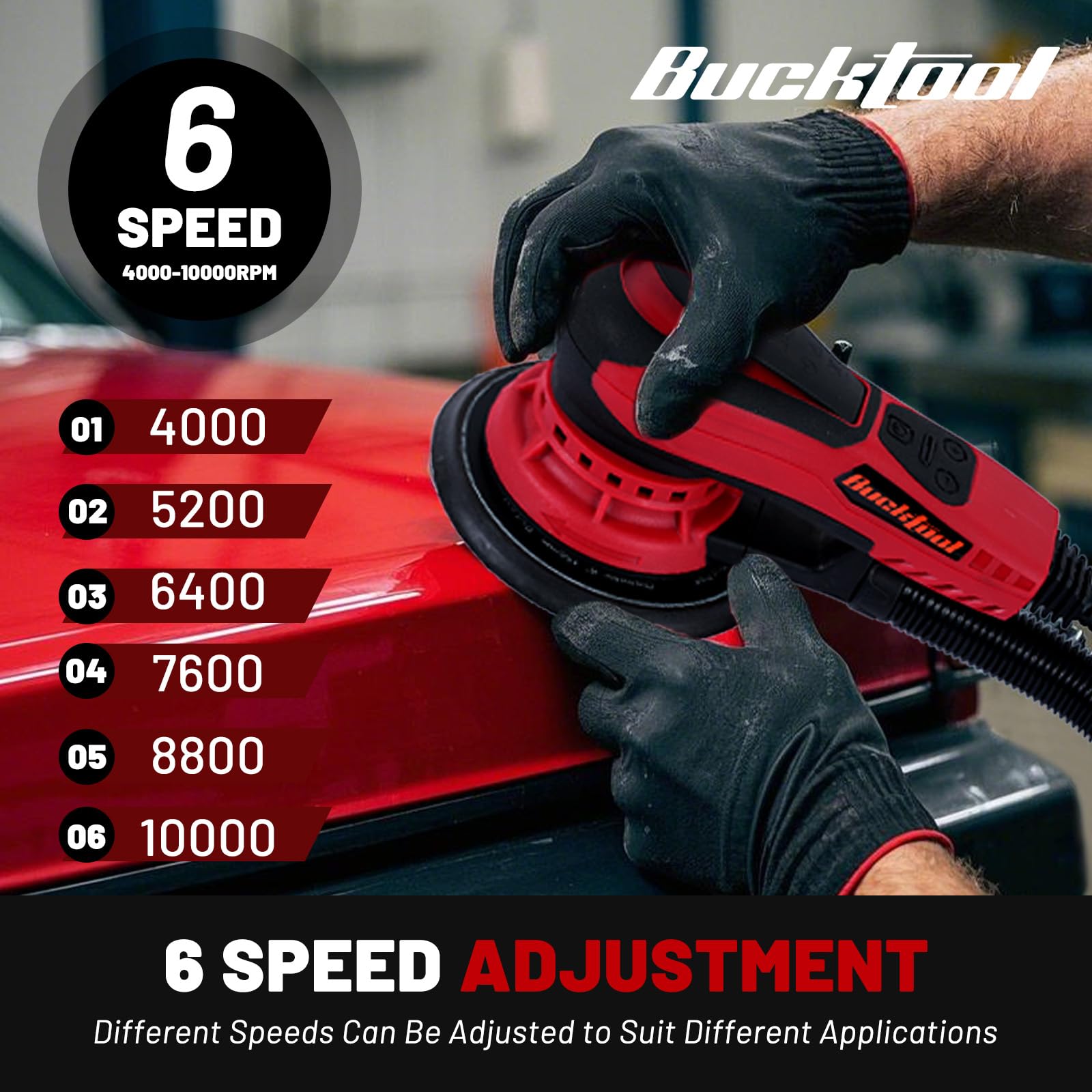 Bucktool variable speed control enables smooth adjustments across materials.