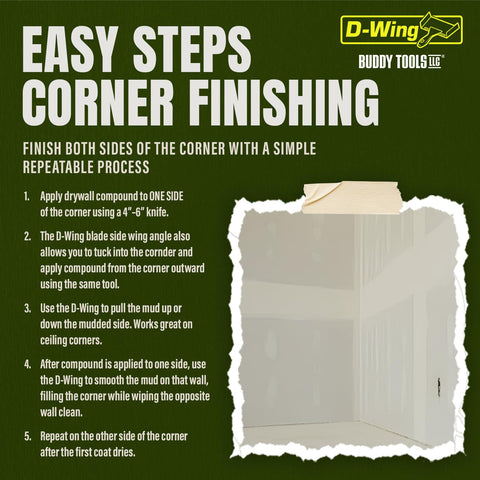 Buddy Tools D-Wing ensures consistent pressure for clean drywall corners