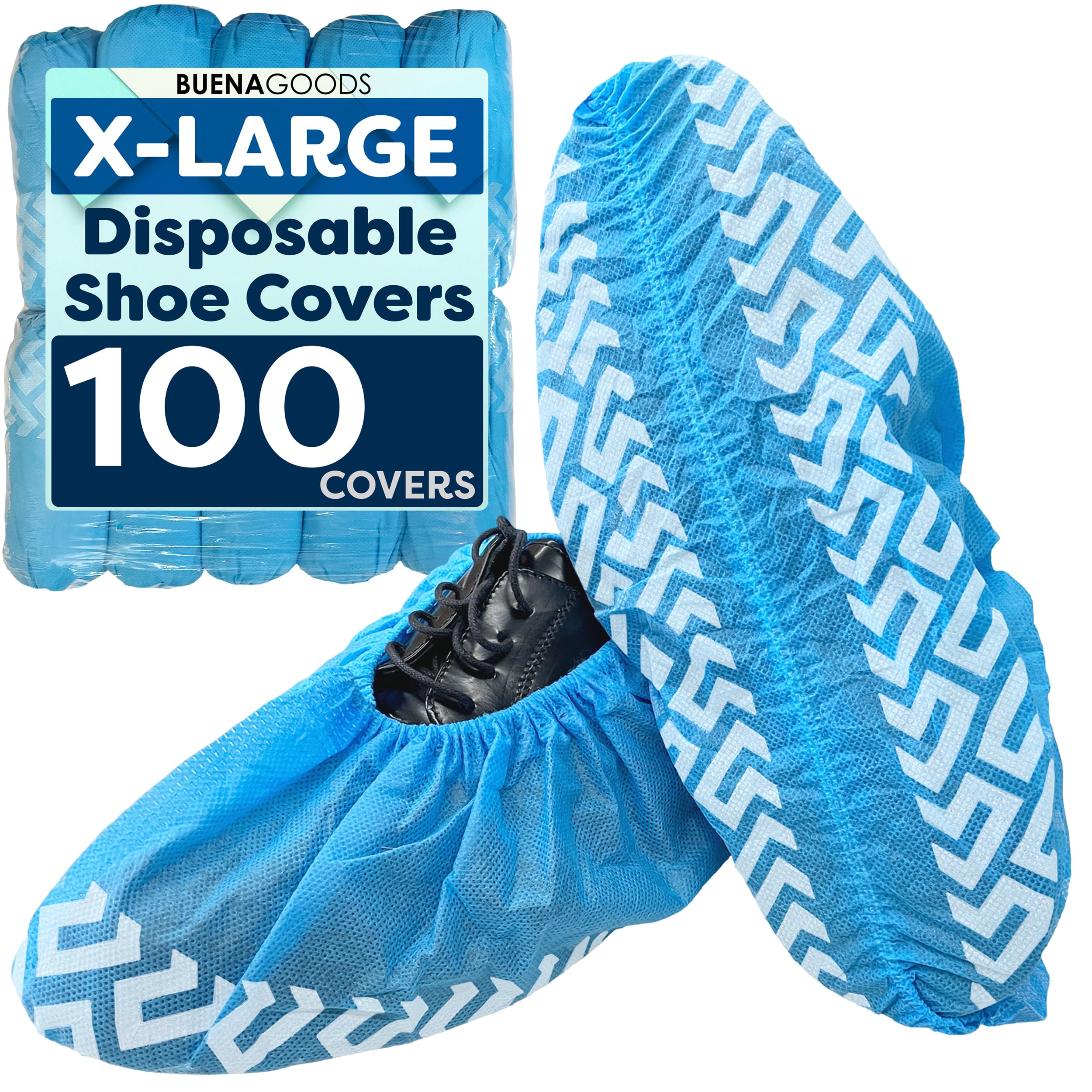 Buena Goods blue boot covers pack shown for indoor use, protect floors from dirt.