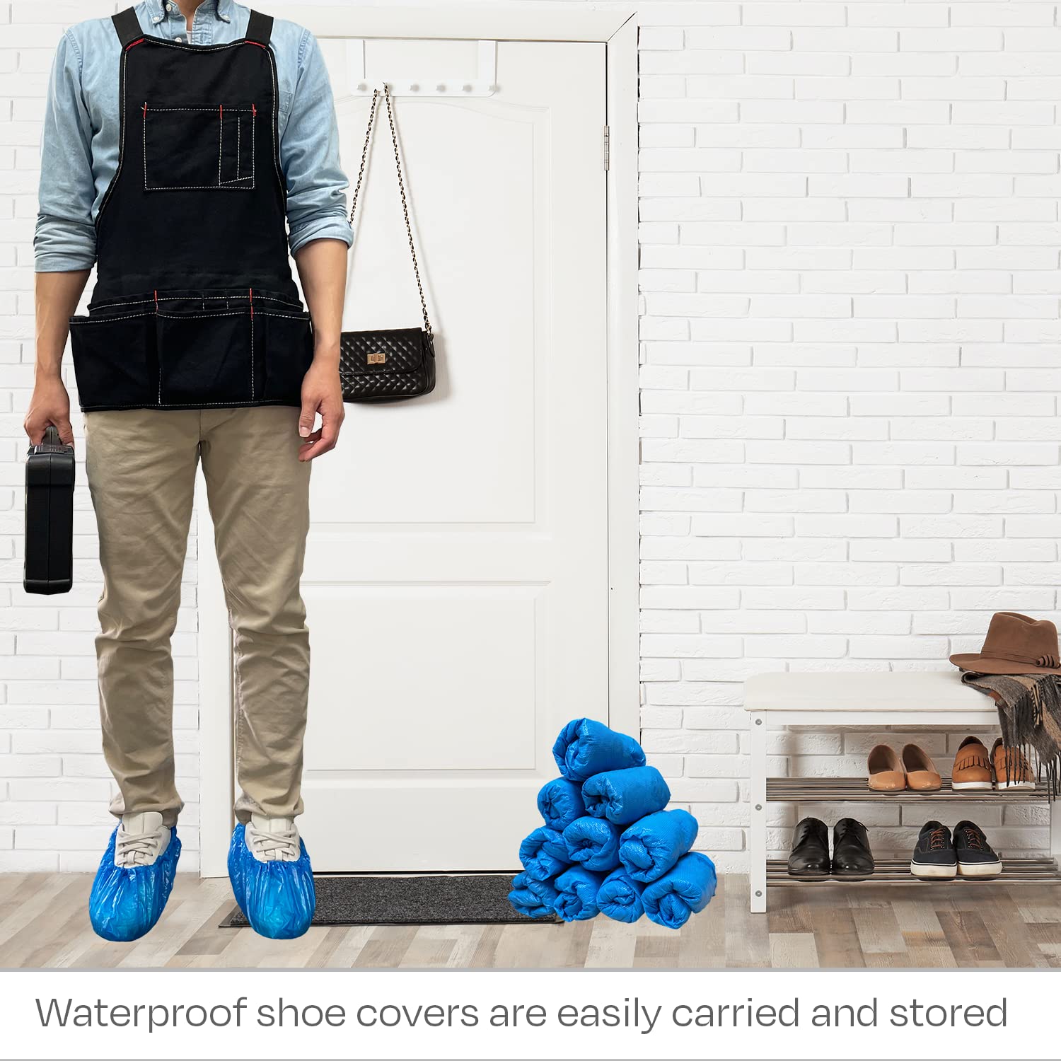 Non-slip Buena Goods boot covers protecting floors from dirt and moisture.