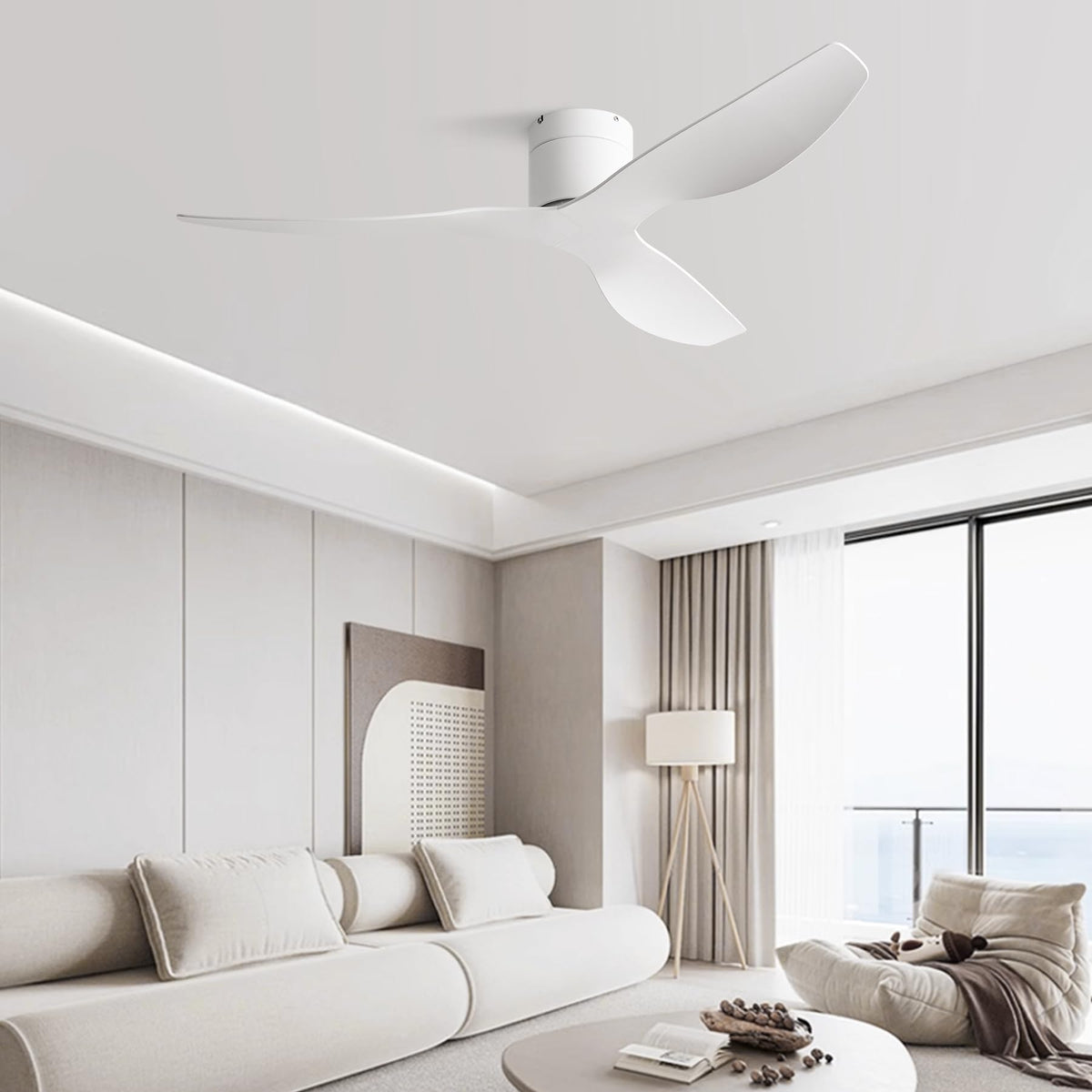 BUENION 52-Inch white flush-mount ceiling fan no light with clean lines