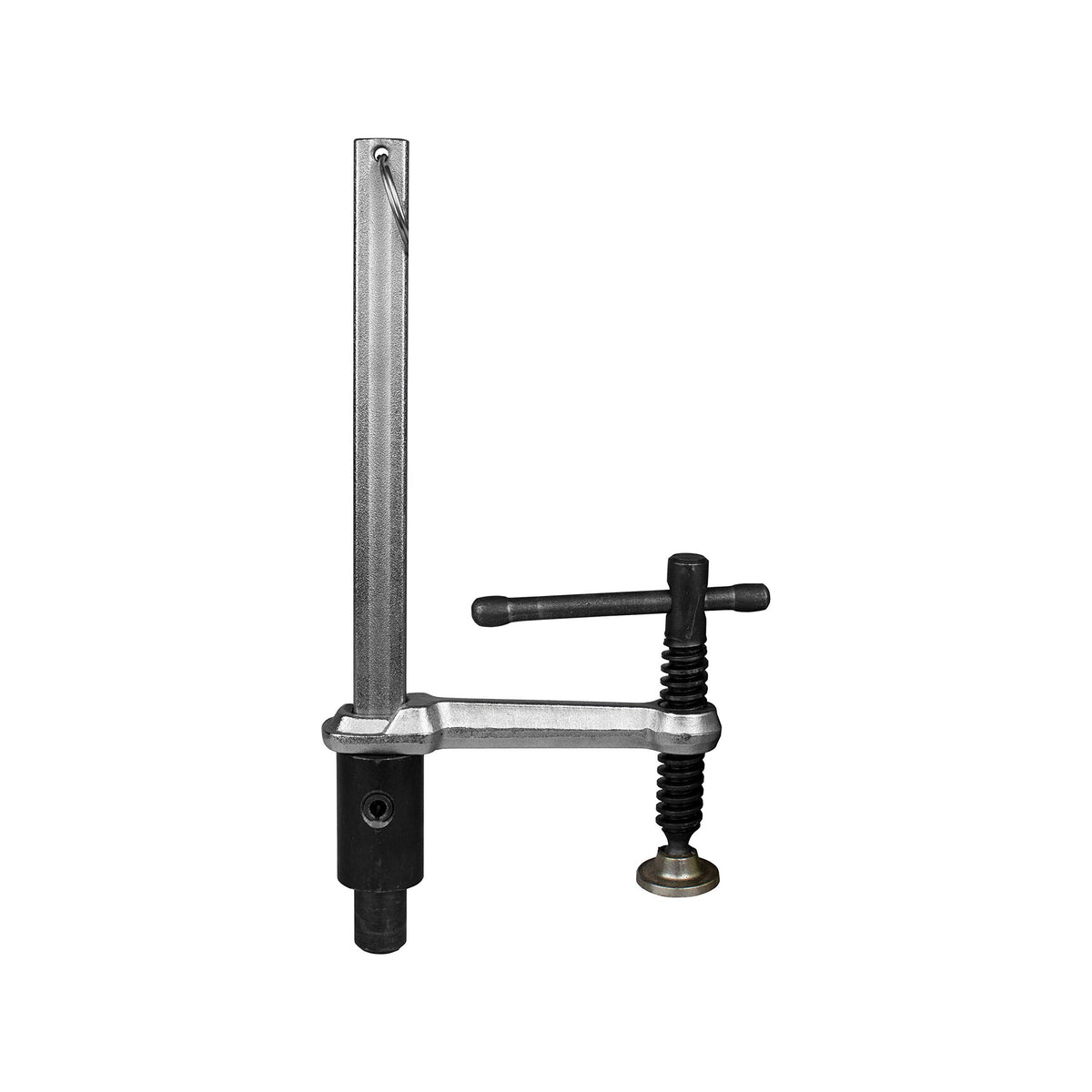 BuildPro Inserta clamp seated in a 5/8 inch tabletop hole for fast setup.