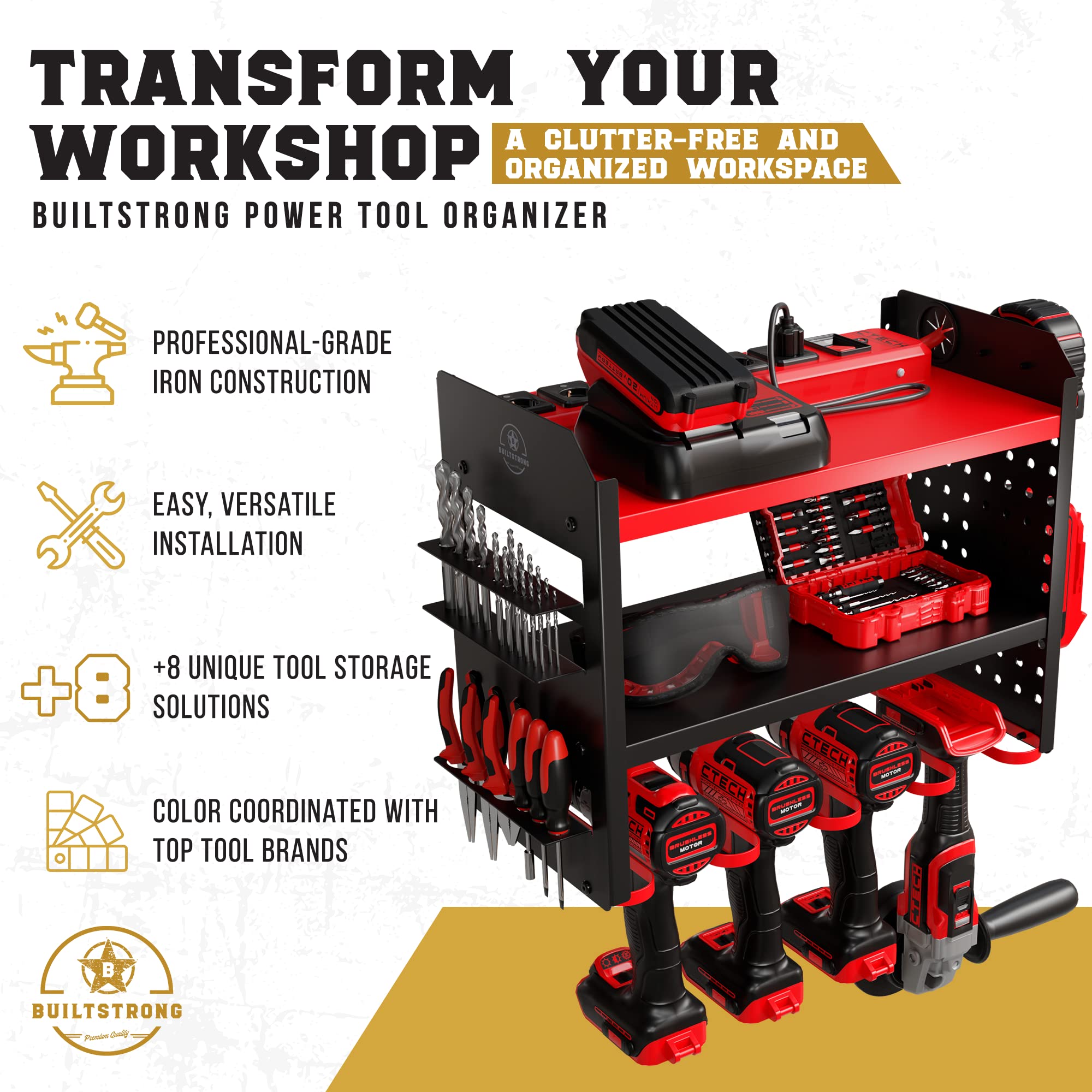 BuiltStrong drill and screwdriver holders enable quick, secure tool access.