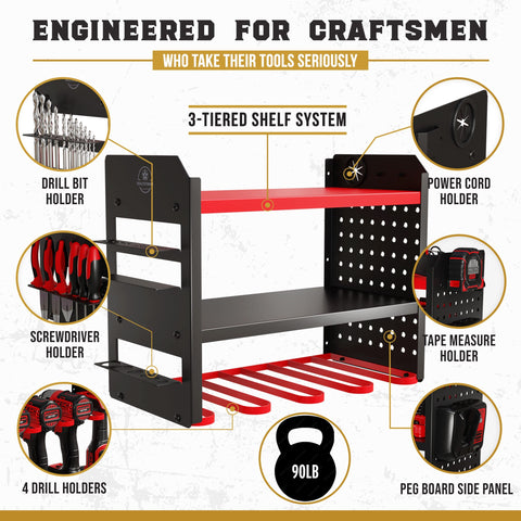 BuiltStrong pegboard side panel with tool holders keeps small parts in easy reach.