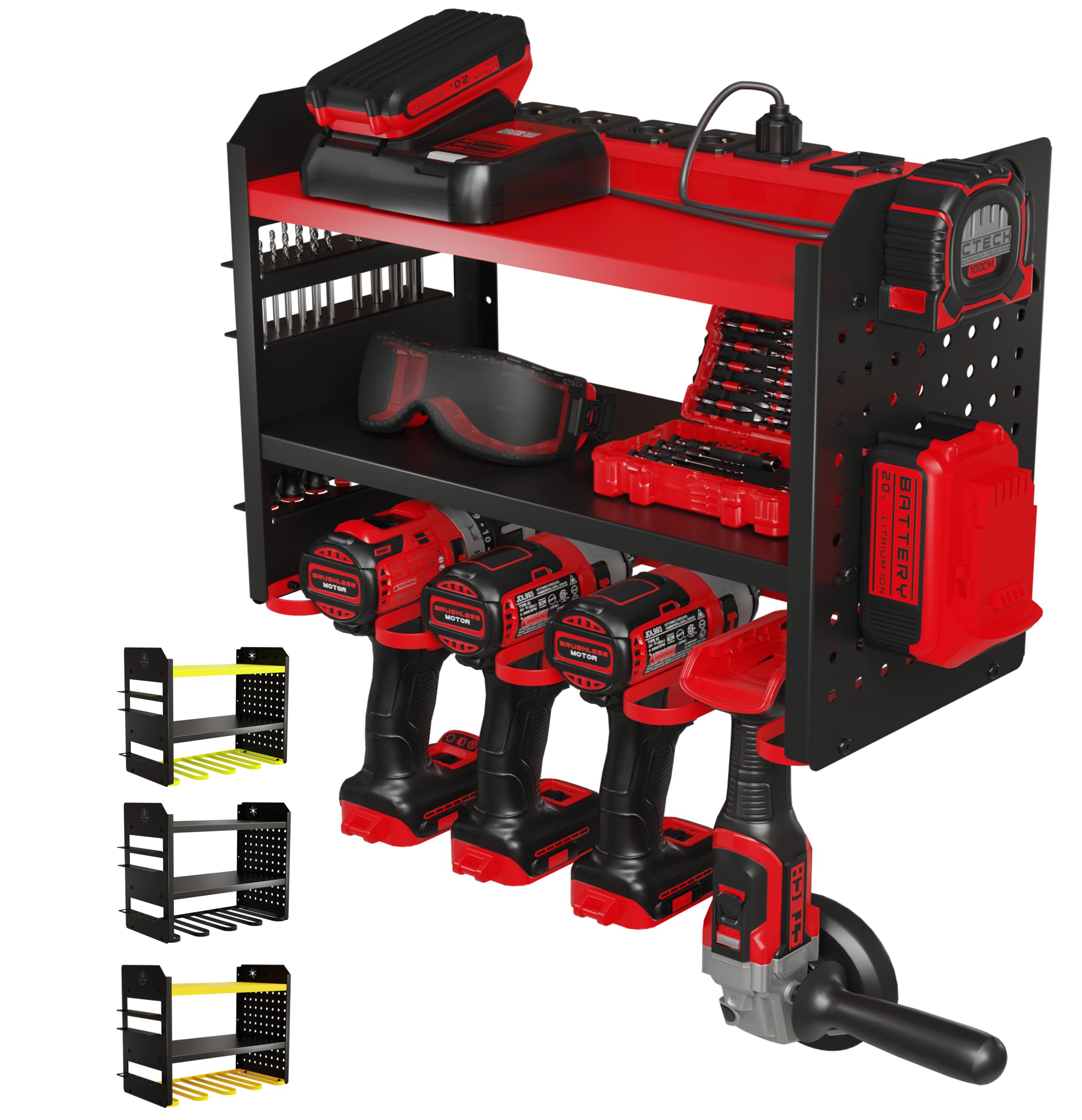 BuiltStrong power tool organizer wall mount with three-tier rack for garage storage.