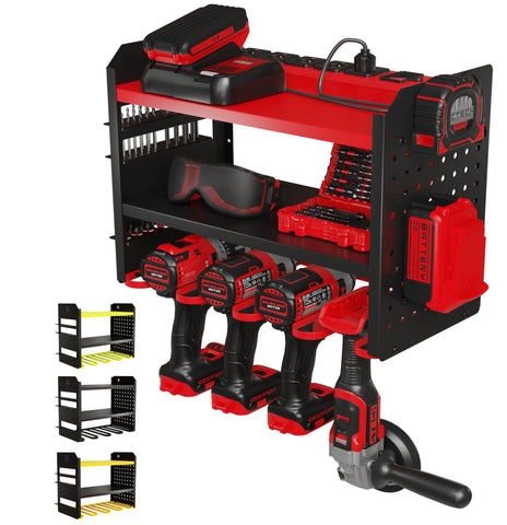 BuiltStrong power tool organizer wall mount with three-tier rack for garage storage.