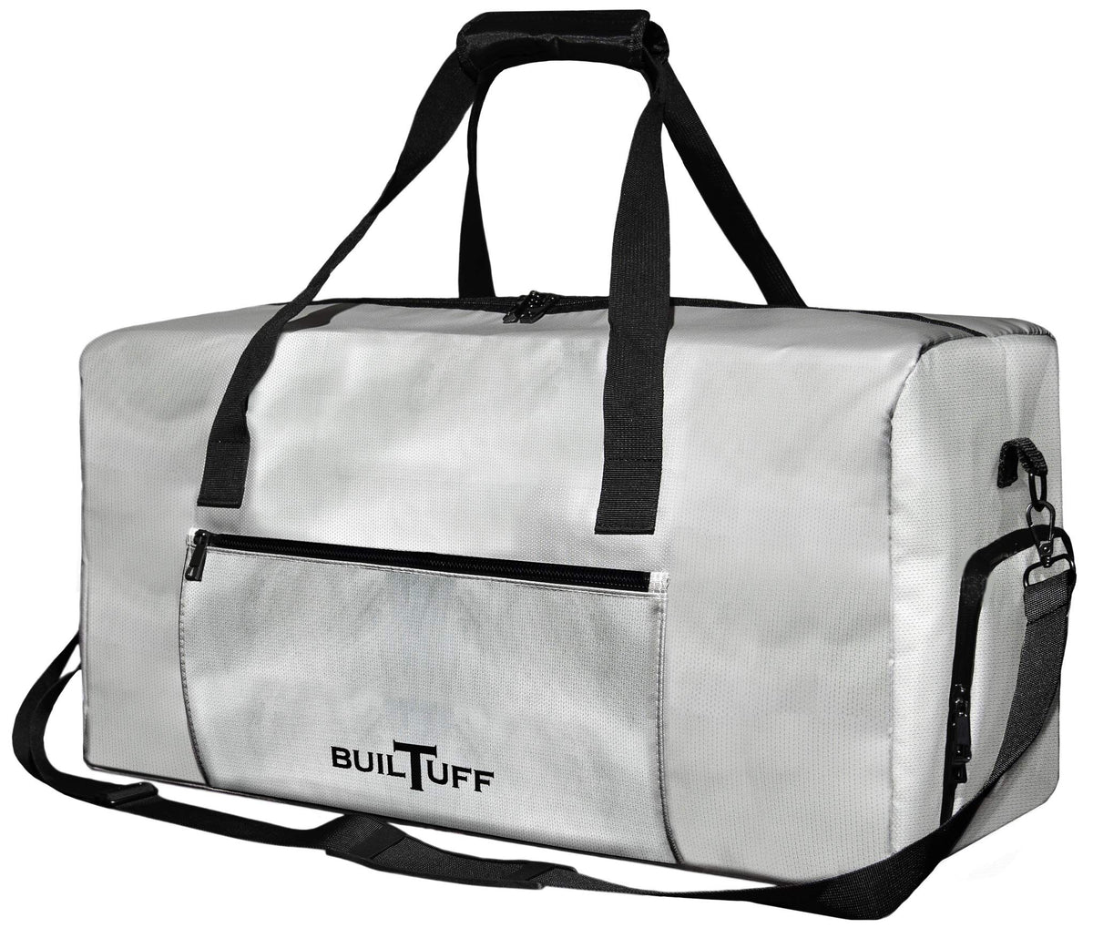 BuilTuff fireproof duffel bag grey front view showcasing durable construction for valuables