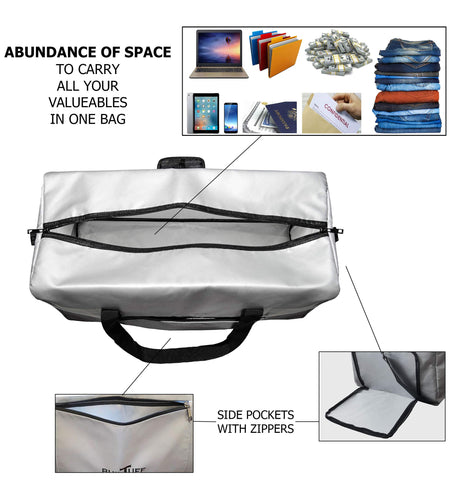 BuilTuff fireproof duffel grey seal demonstrates water resistance