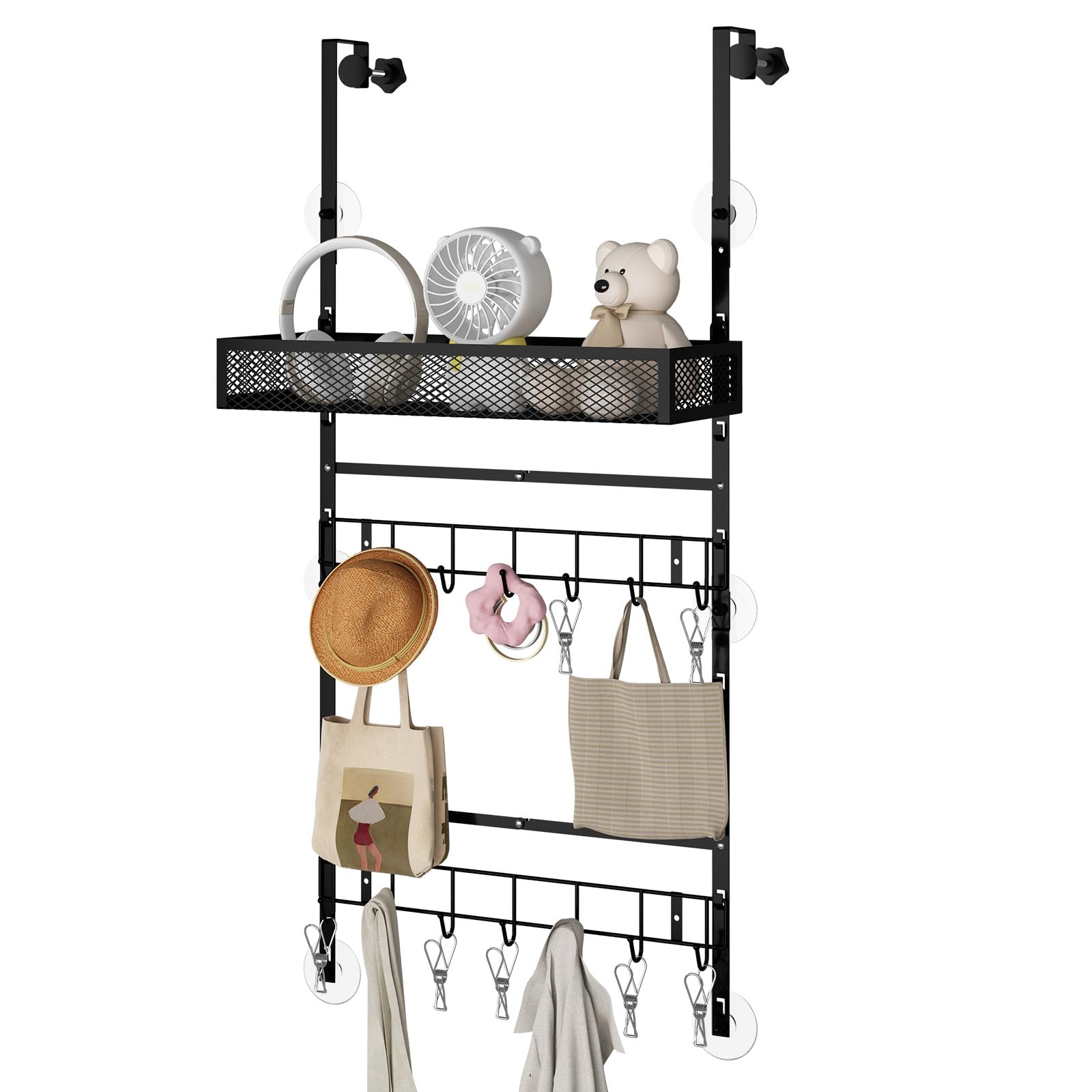 Bukfen over-the-door basket with two hooks keeps coats and bags organized.