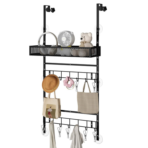 Bukfen over-the-door basket with two hooks keeps coats and bags organized.