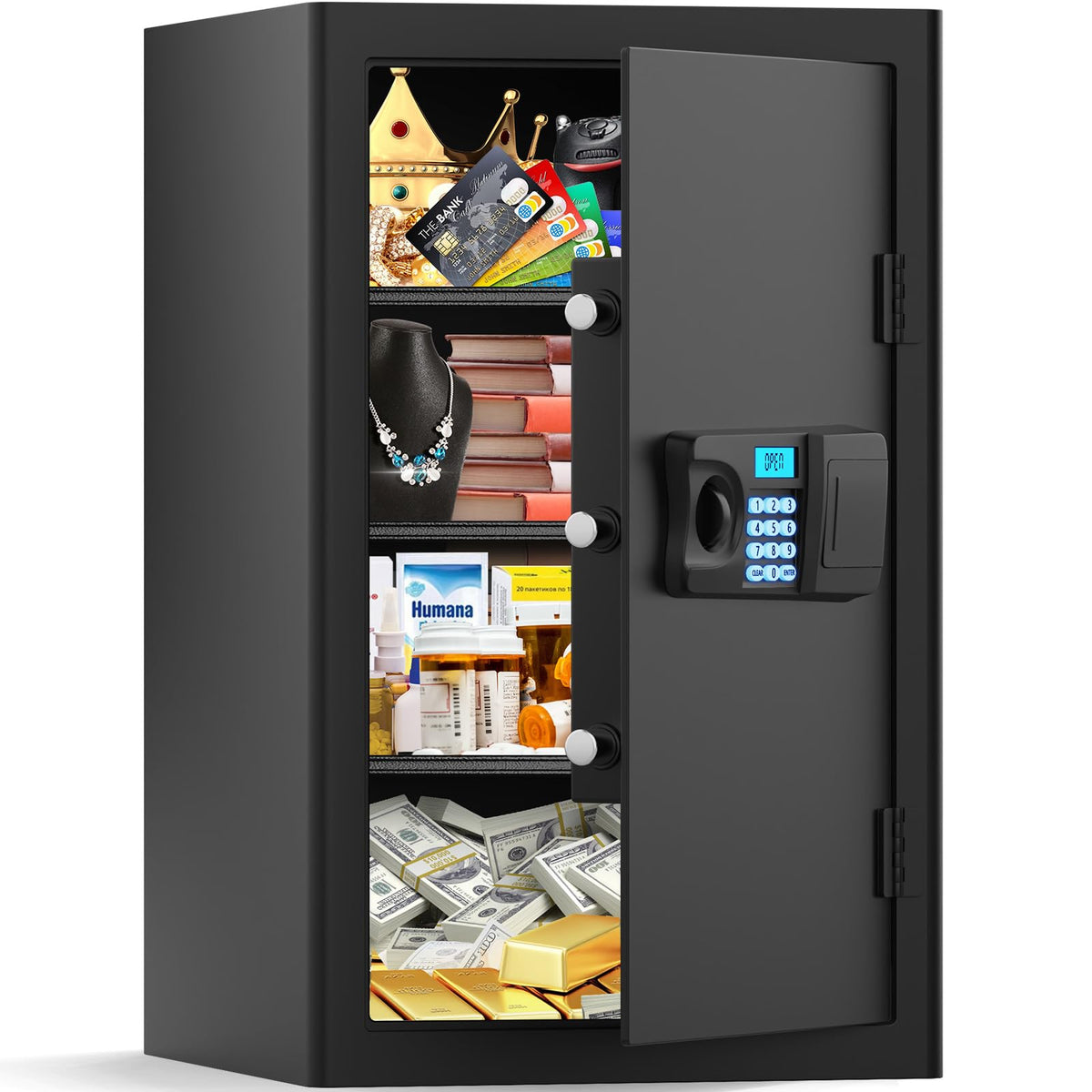 Bukumo 5.0 cu ft fireproof safe front view showing generous interior for documents and valuables.