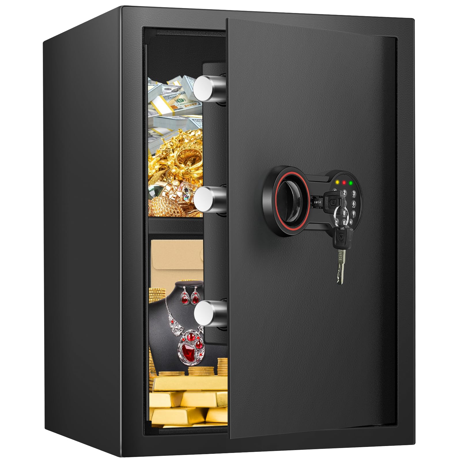 Bukumo large fireproof home safe front view protects valuables at home.