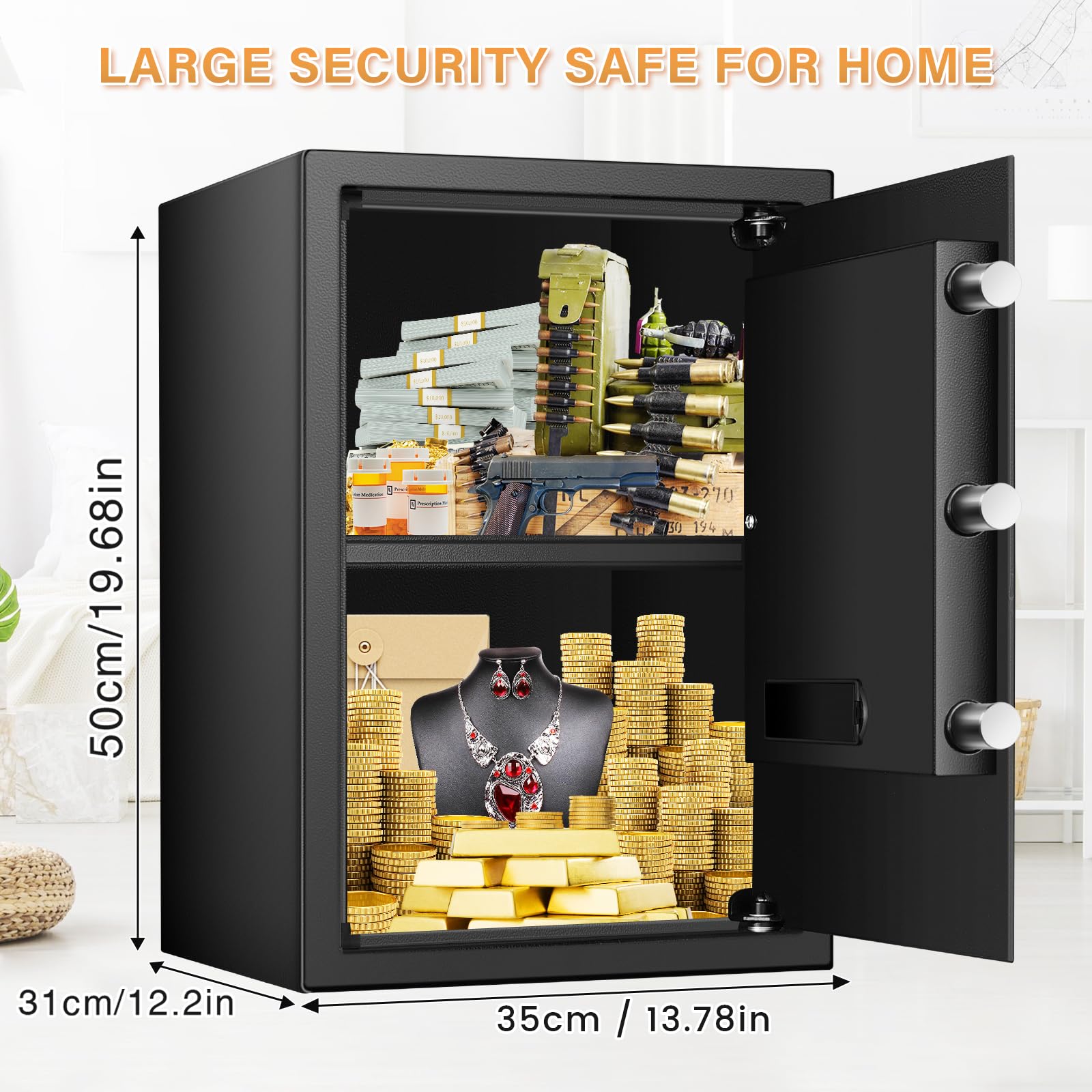 Bukumo safe interior with removable shelf enables flexible storage and organization.