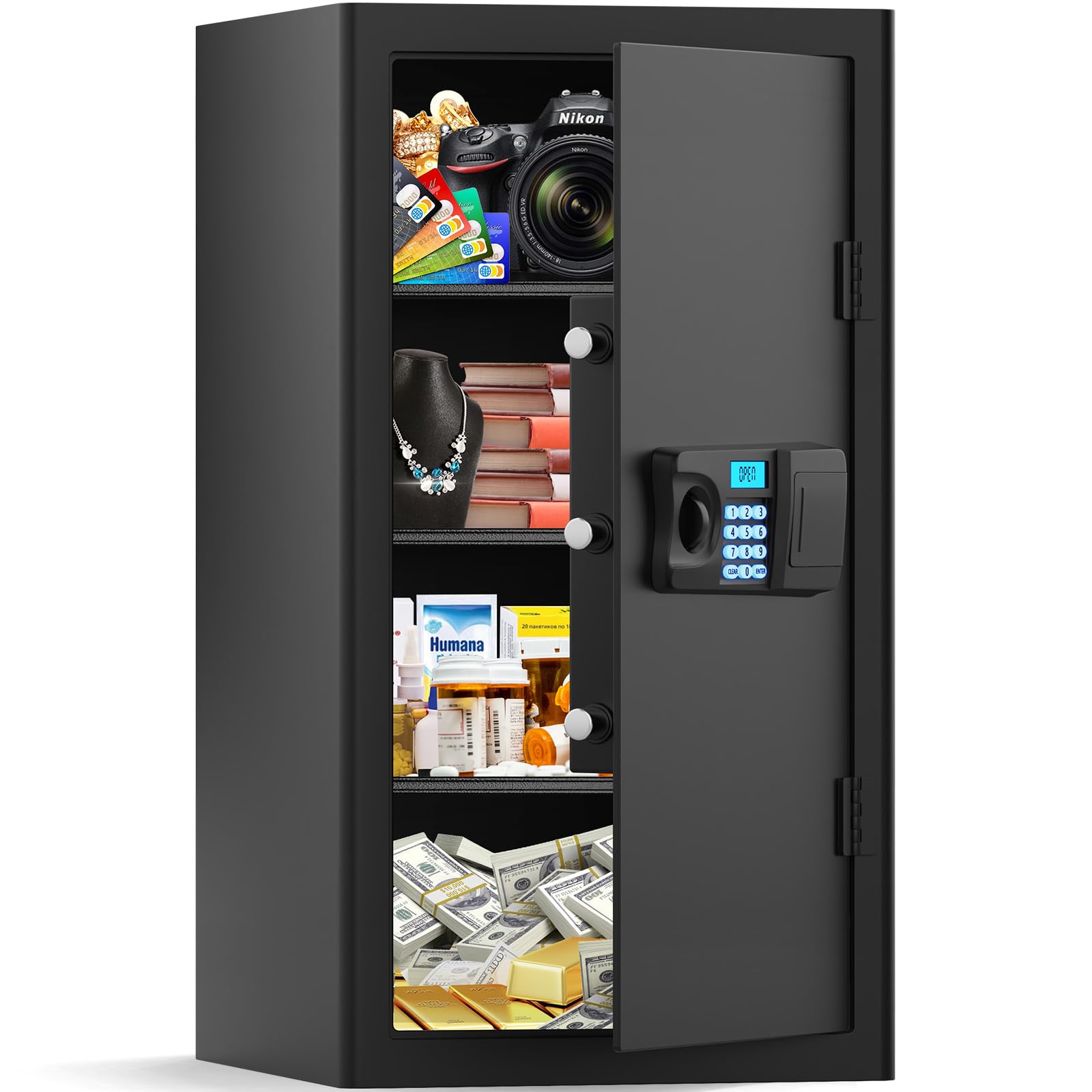 Bukumo large fireproof safe interior space stores documents and valuables securely.