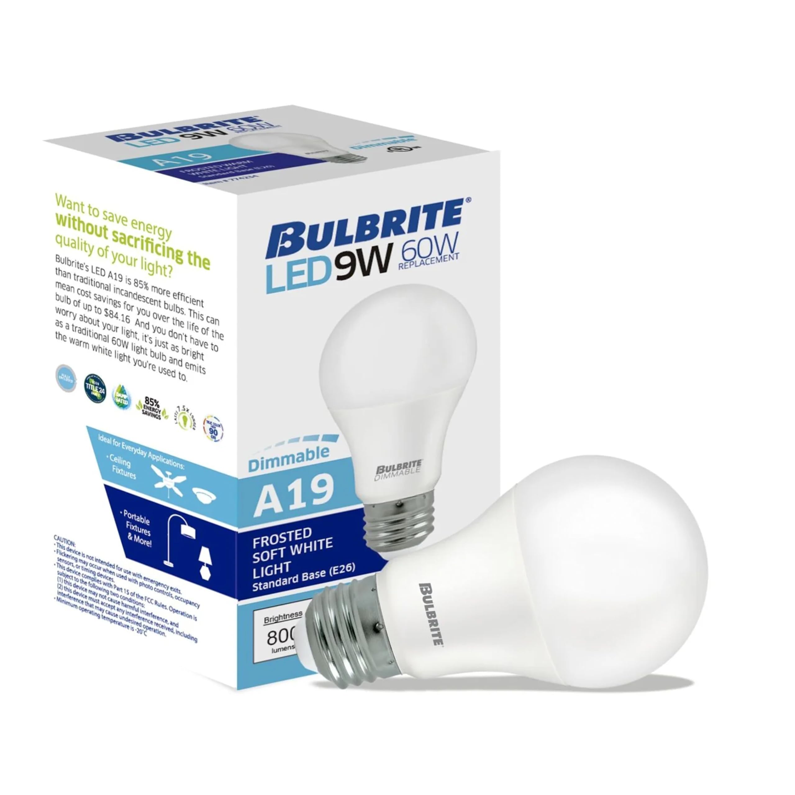 Bulbrite 774235 A19 LED bulb dimmable for customizable room ambiance.