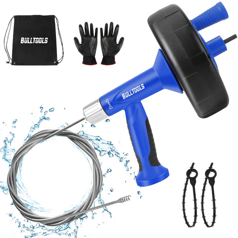 BullTools drain auger 25ft clears deep kitchen and bathroom clogs.