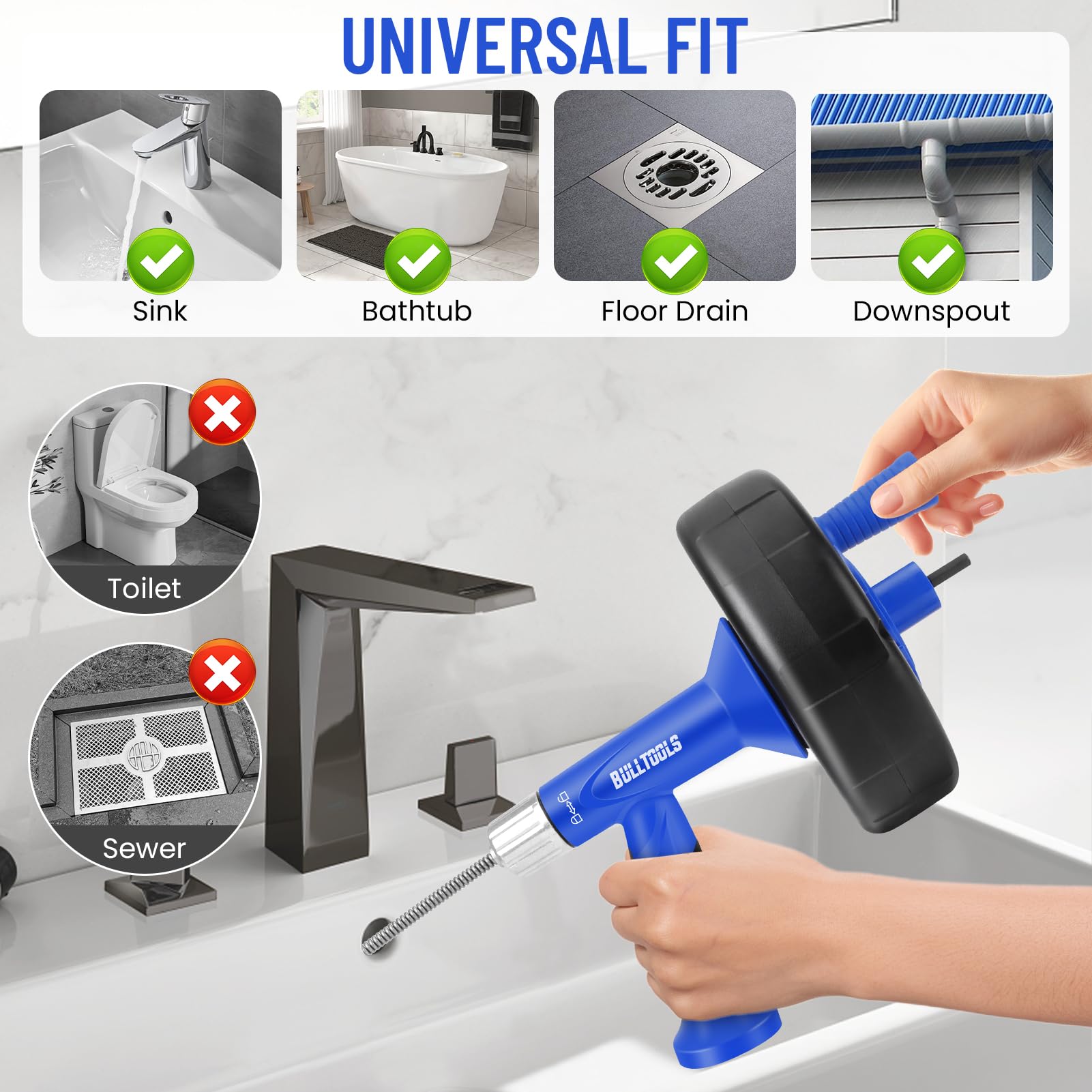 BullTools multi-surface drain snake clears kitchen and bath drains.