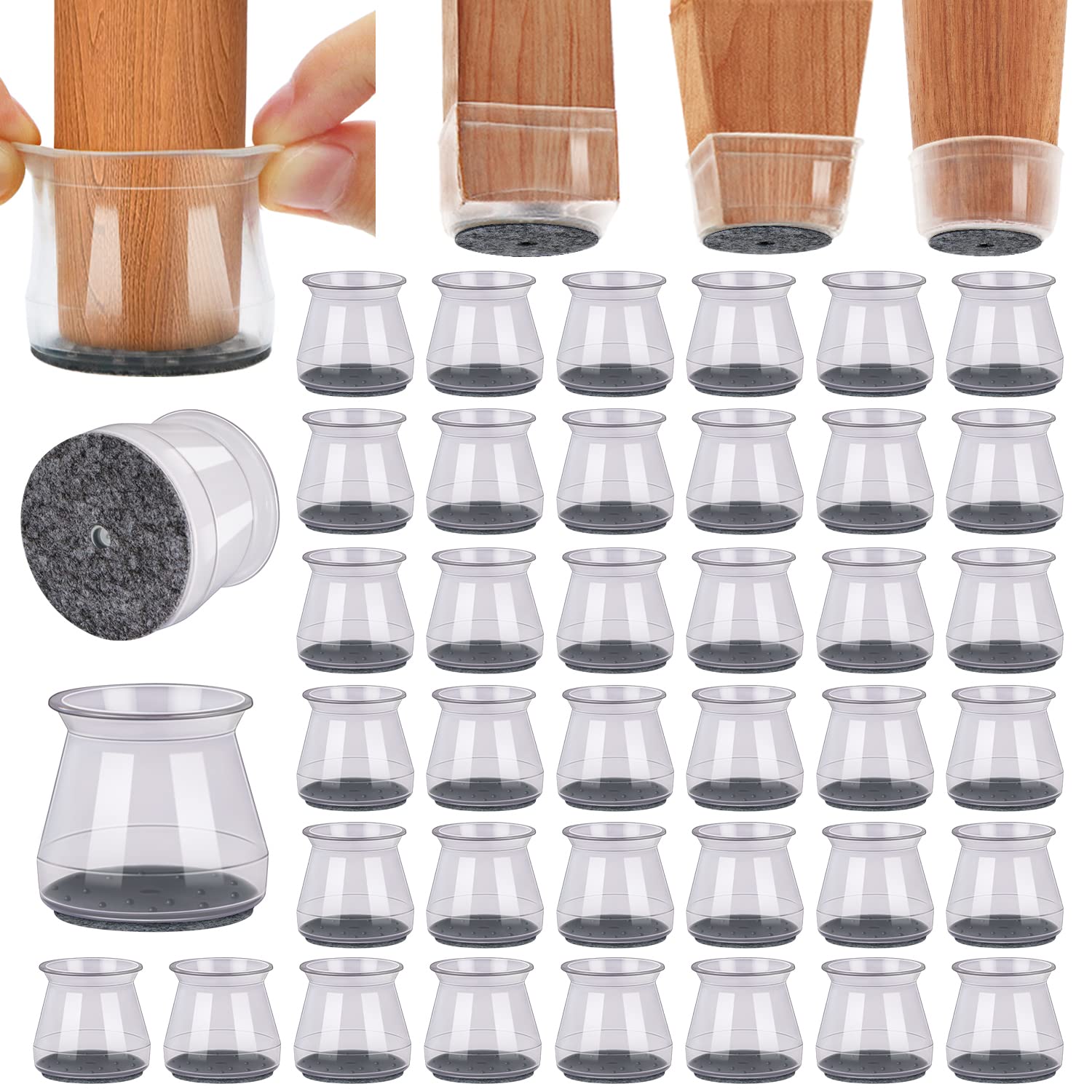 BUMACO 40Pcs chair leg protector close-up showing universal-fit for hardwood floors.