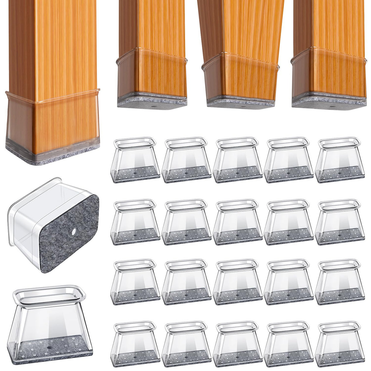 BUMACO rectangle L-fit chair leg protectors, closeup, showing durable bond for smooth movement.