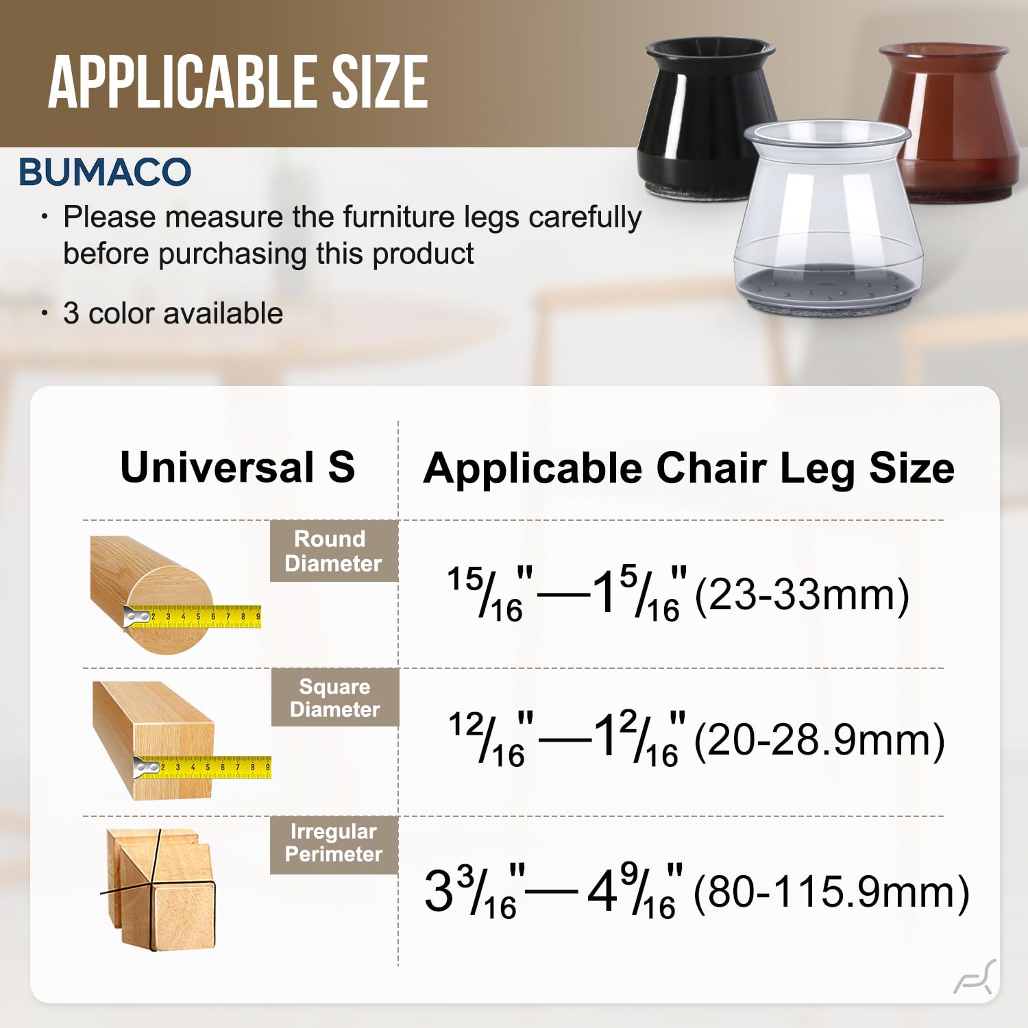 BUMACO silicone felt pad chair leg protectors demonstrate easy no-tool installation.