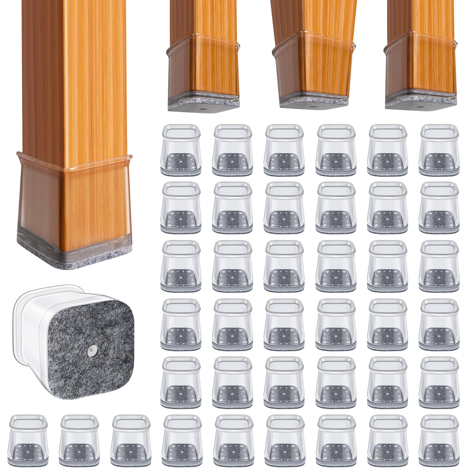 BUMACO chair leg protectors in clear square pads protecting hardwood floors from scratches