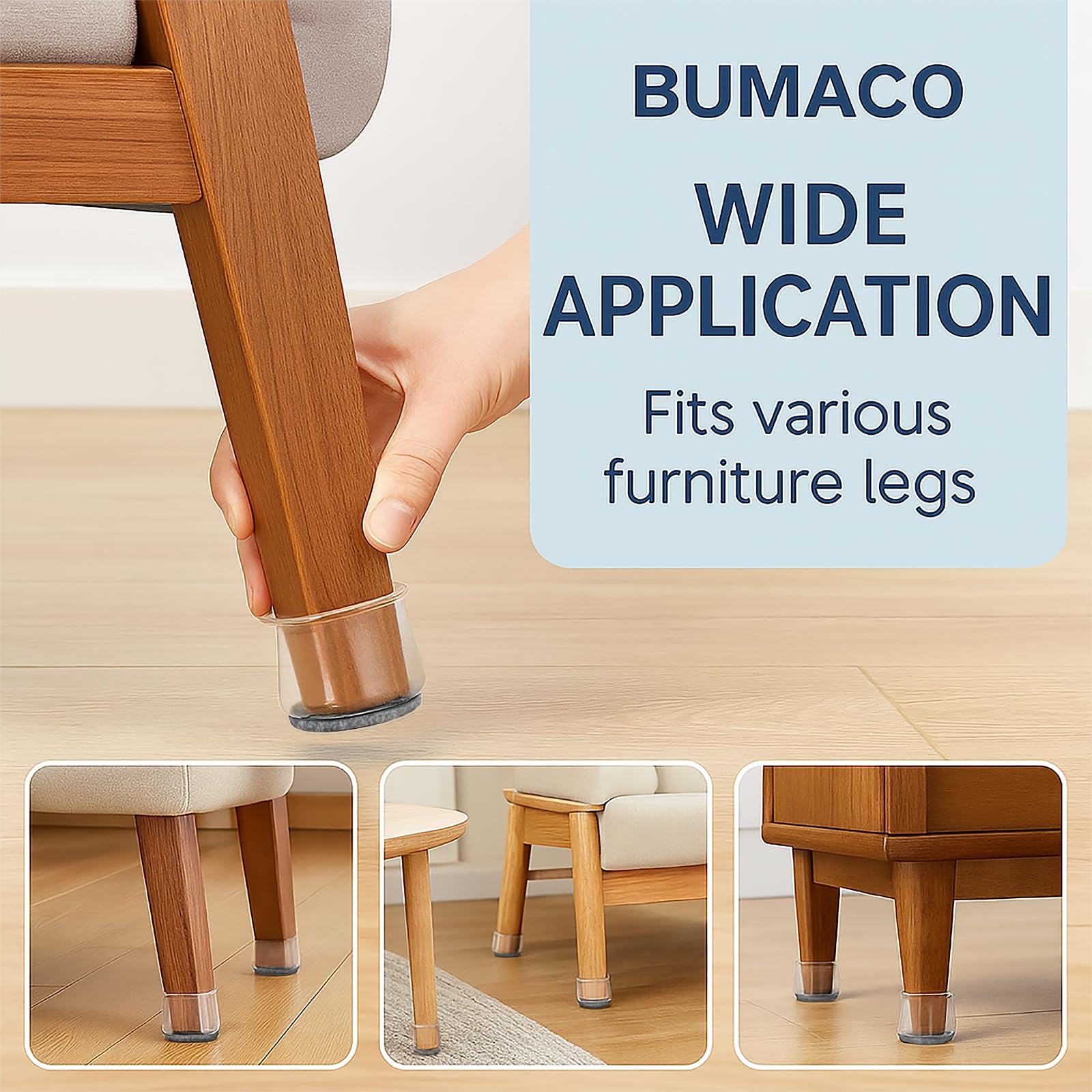 Easy, tool-free installation demonstrated on a chair leg by BUMACO