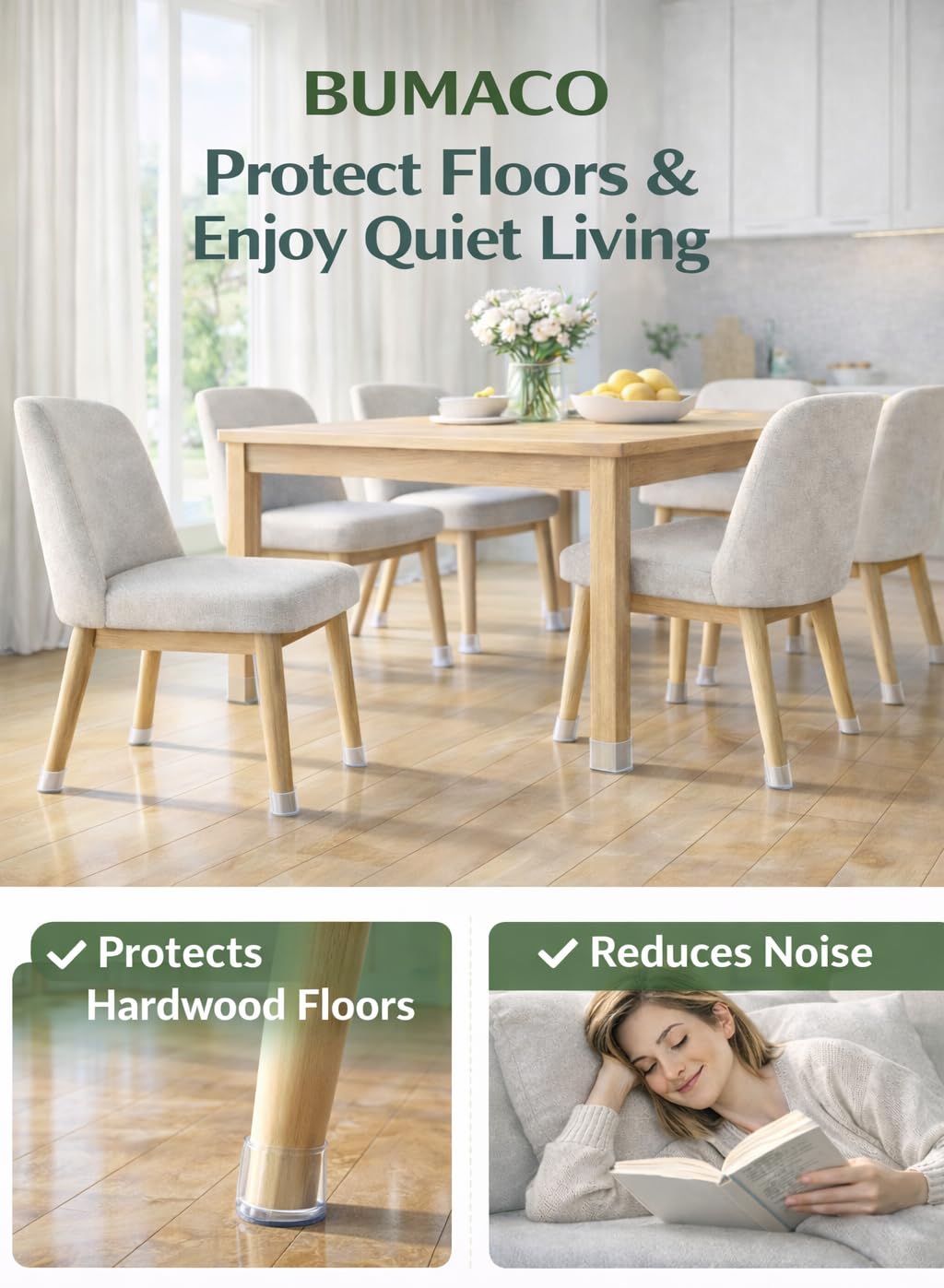 BUMACO quiet-move pads allow smooth, silent chair repositioning