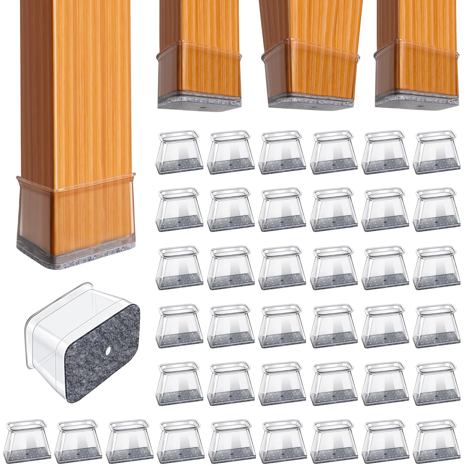 BUMACO rectangle chair leg protectors in packaging ready for hardwood floor protection.