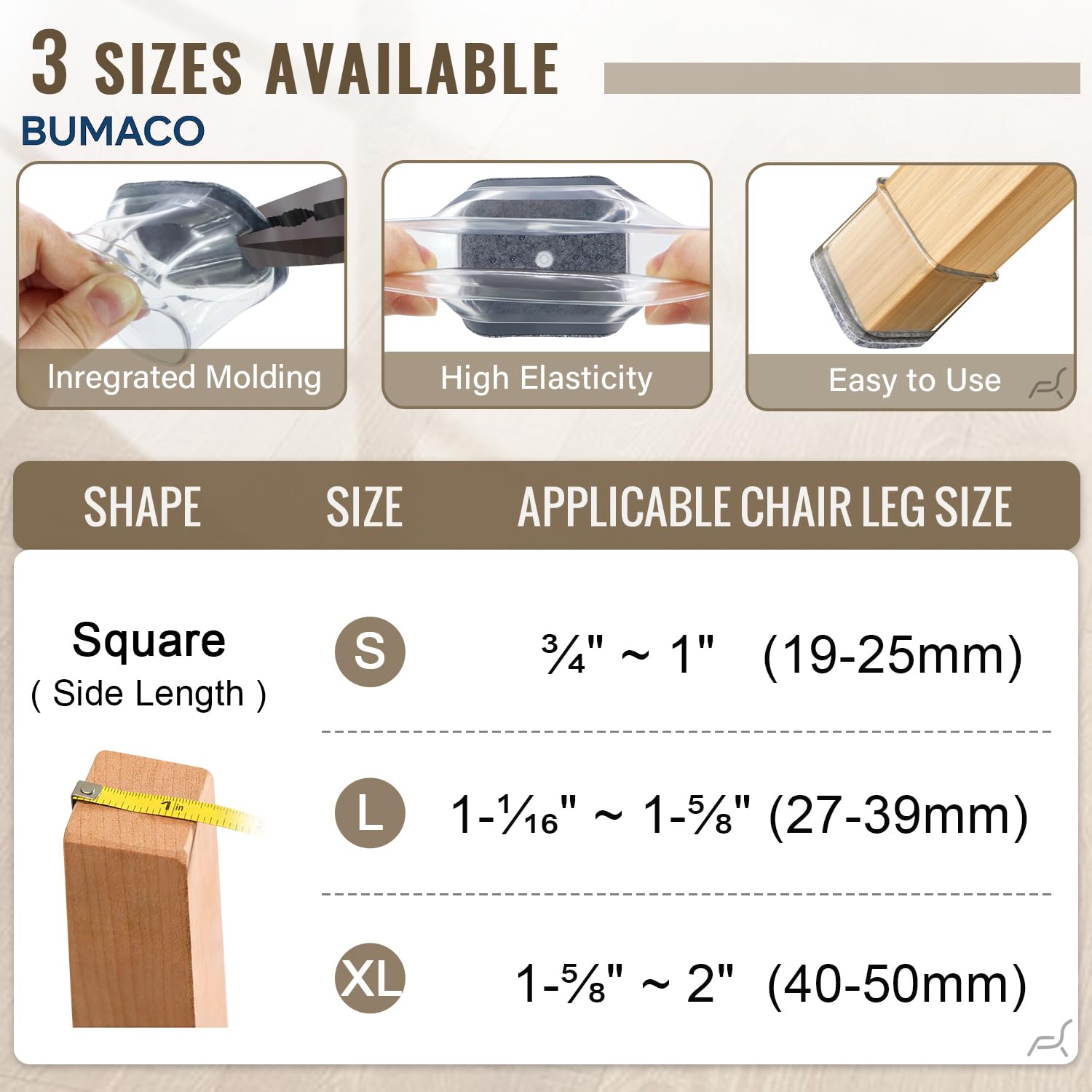 BUMACO silicone chair leg pads installed without tools for easy setup.
