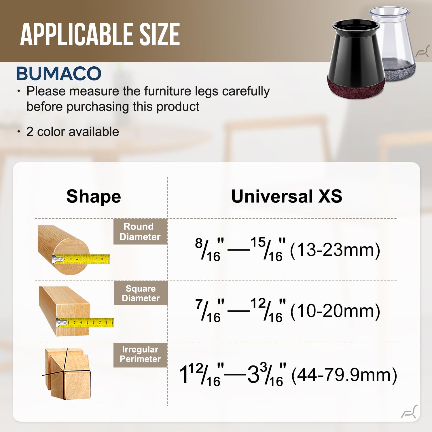 BUMACO silicone pads fitted to square chair feet for smooth movement