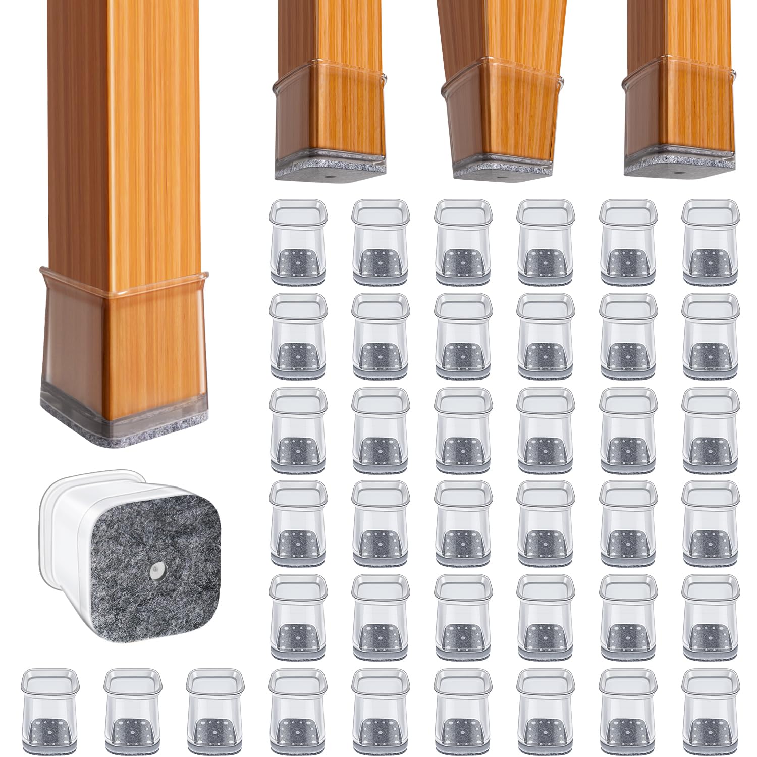 BUMACO square chair leg protectors in clear protect hardwood floors.