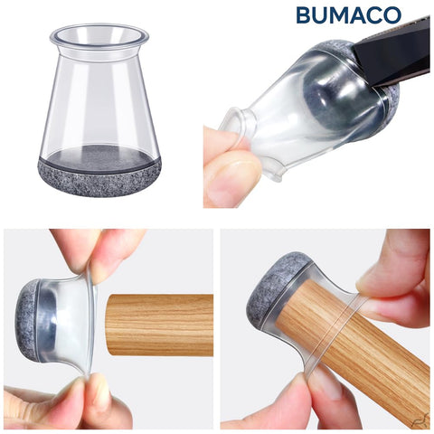 BUMACO washable chair leg pads shown being washed for maintenance