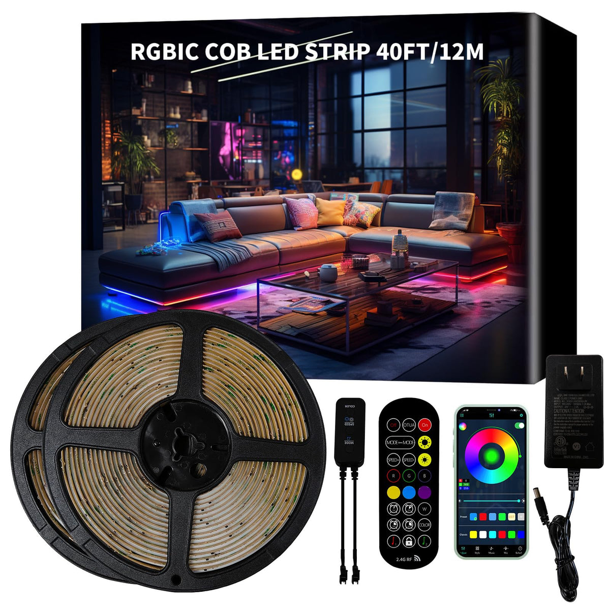 Bunacet 40ft COB RGB strip for vibrant room ambiance and color customization
