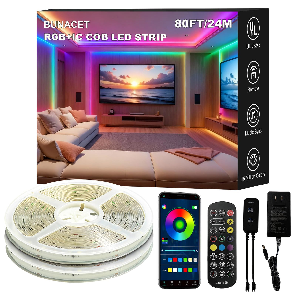 Bunacet 80ft RGB COB LED strip unboxing showing color options and layout ideas
